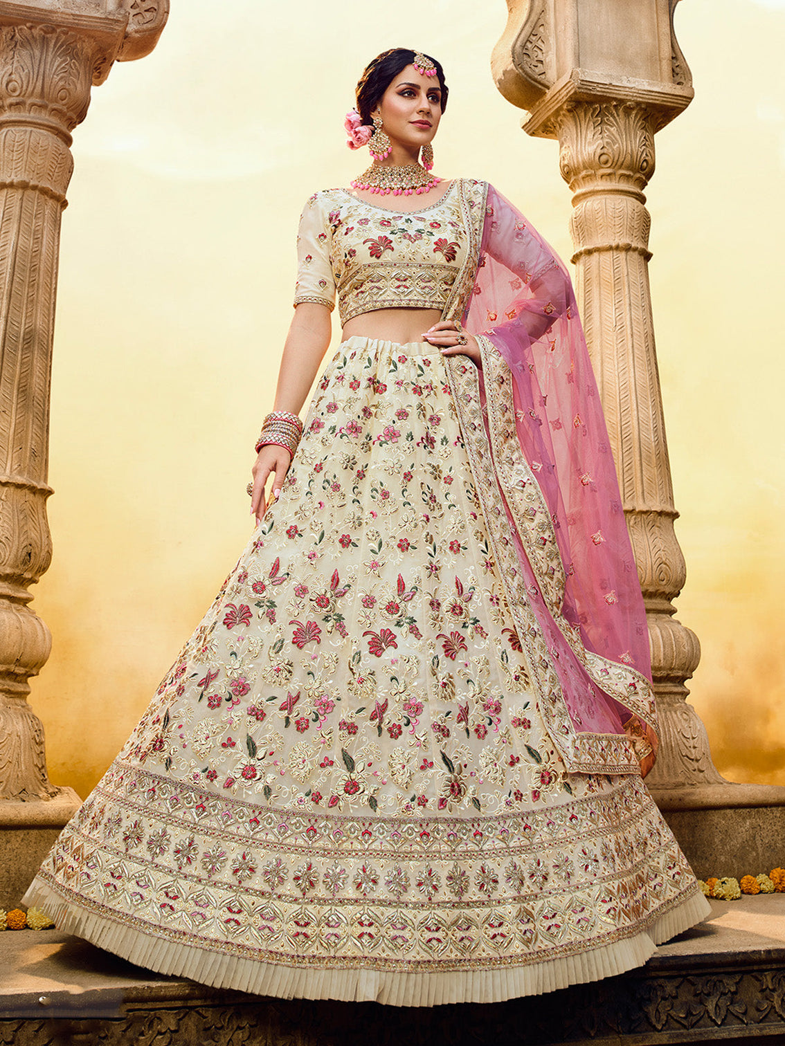 White Embroidered Georgette Semi Stitched Lehenga With Unstitched Blouse