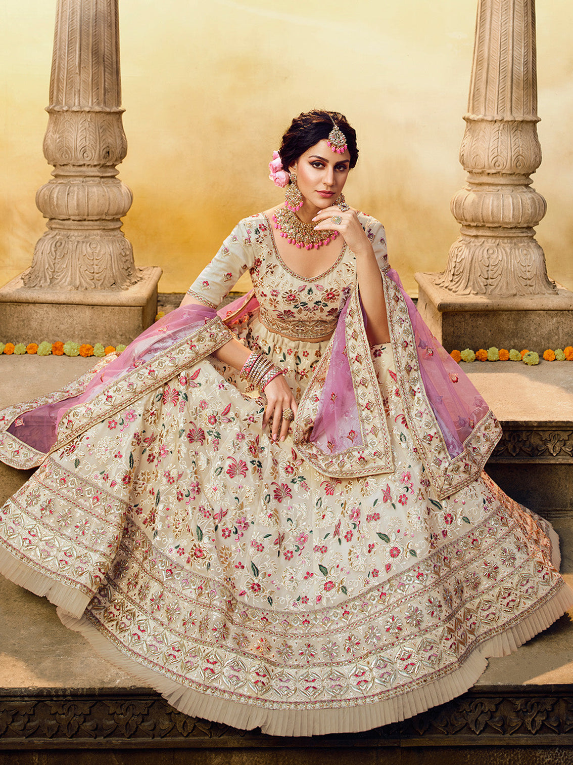 White Embroidered Georgette Semi Stitched Lehenga With Unstitched Blouse