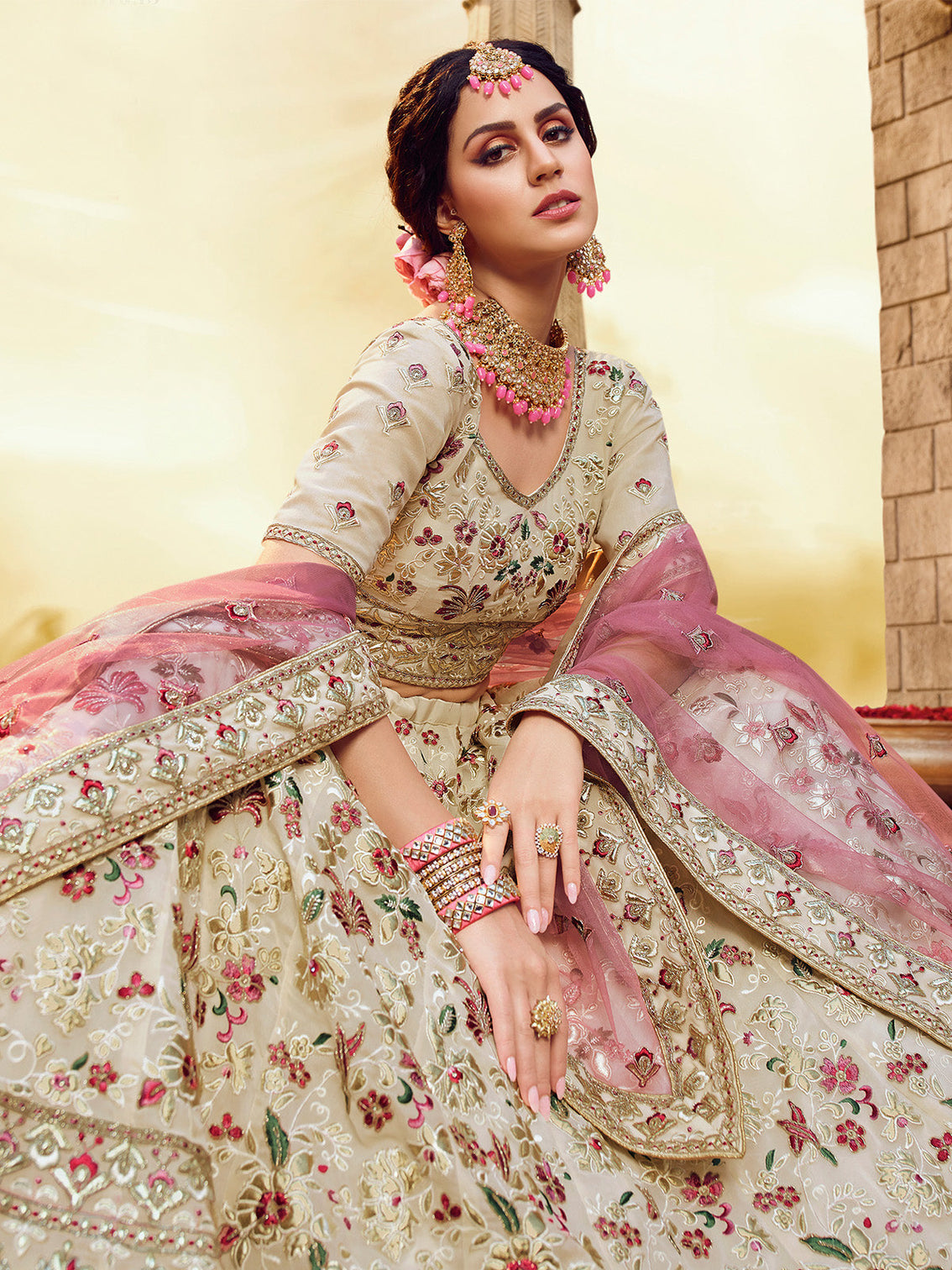 White Embroidered Georgette Semi Stitched Lehenga With Unstitched Blouse