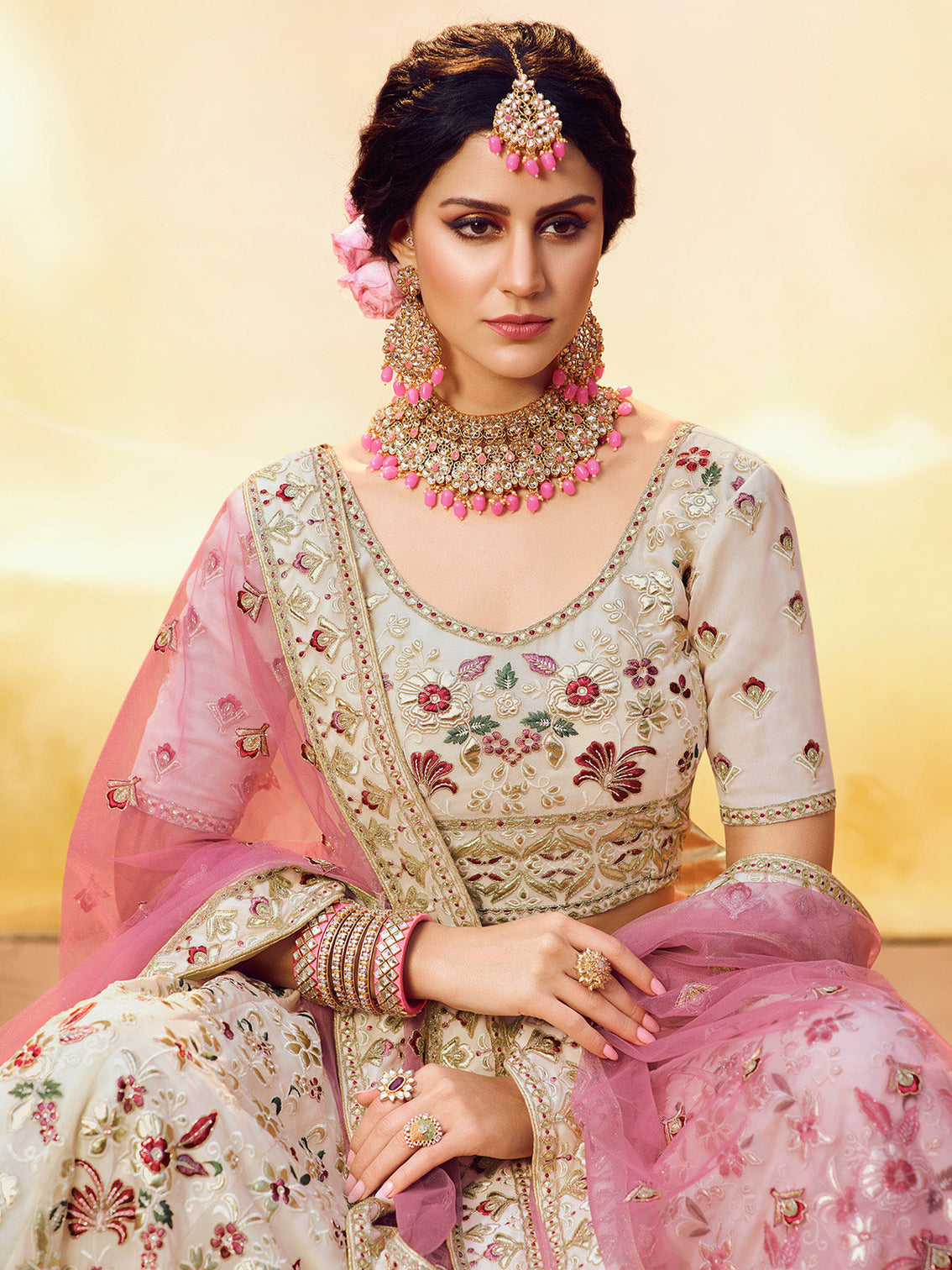 White Embroidered Georgette Semi Stitched Lehenga With Unstitched Blouse