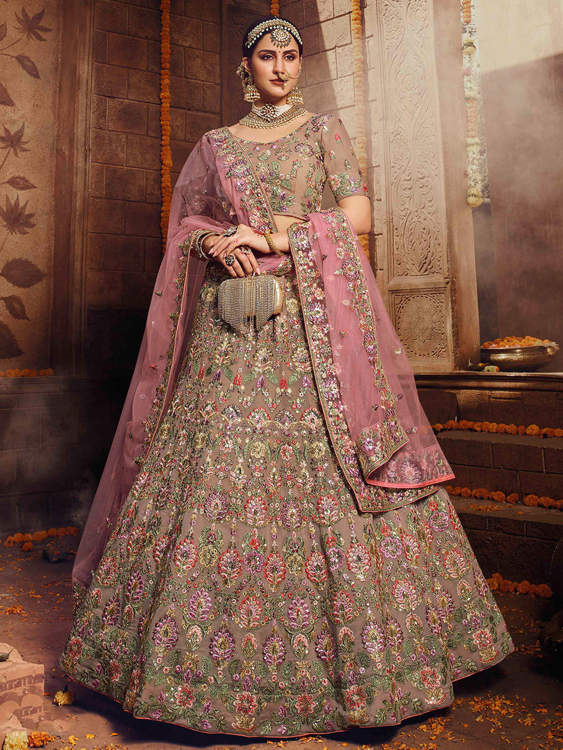 Beige Embroidered Georgette Semi Stitched Lehenga With Unstitched Blouse