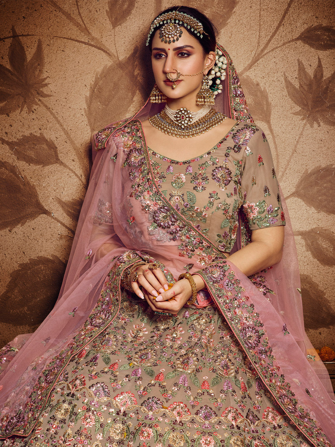 Beige Embroidered Georgette Semi Stitched Lehenga With Unstitched Blouse