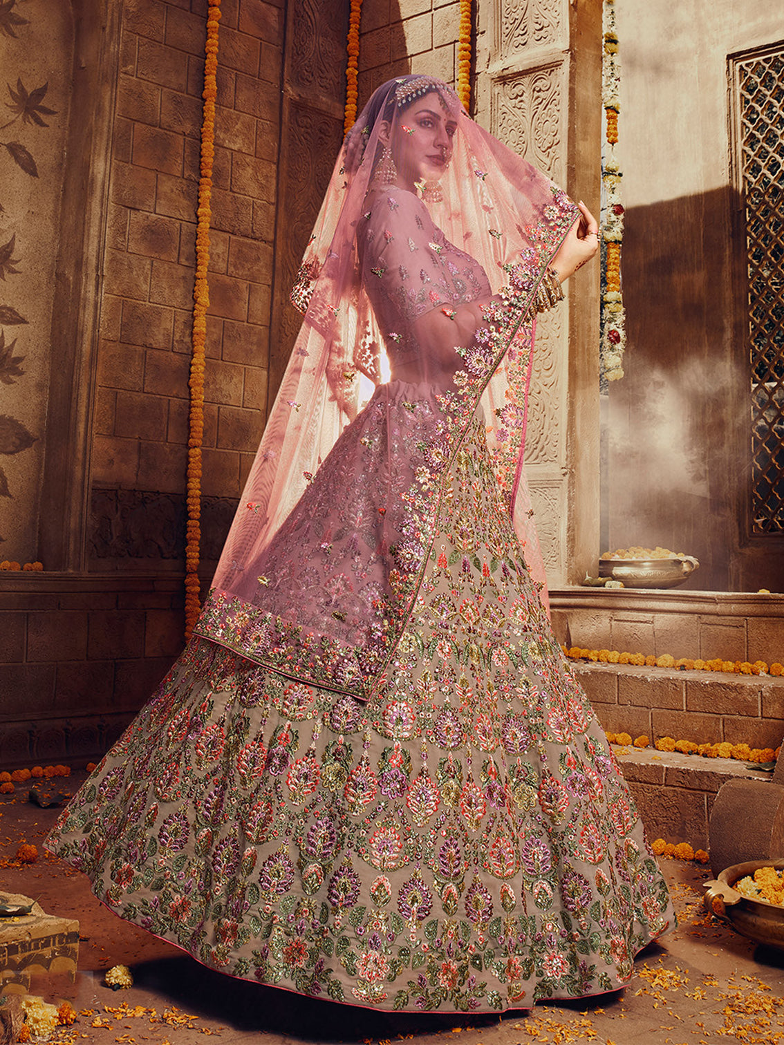 Beige Embroidered Georgette Semi Stitched Lehenga With Unstitched Blouse