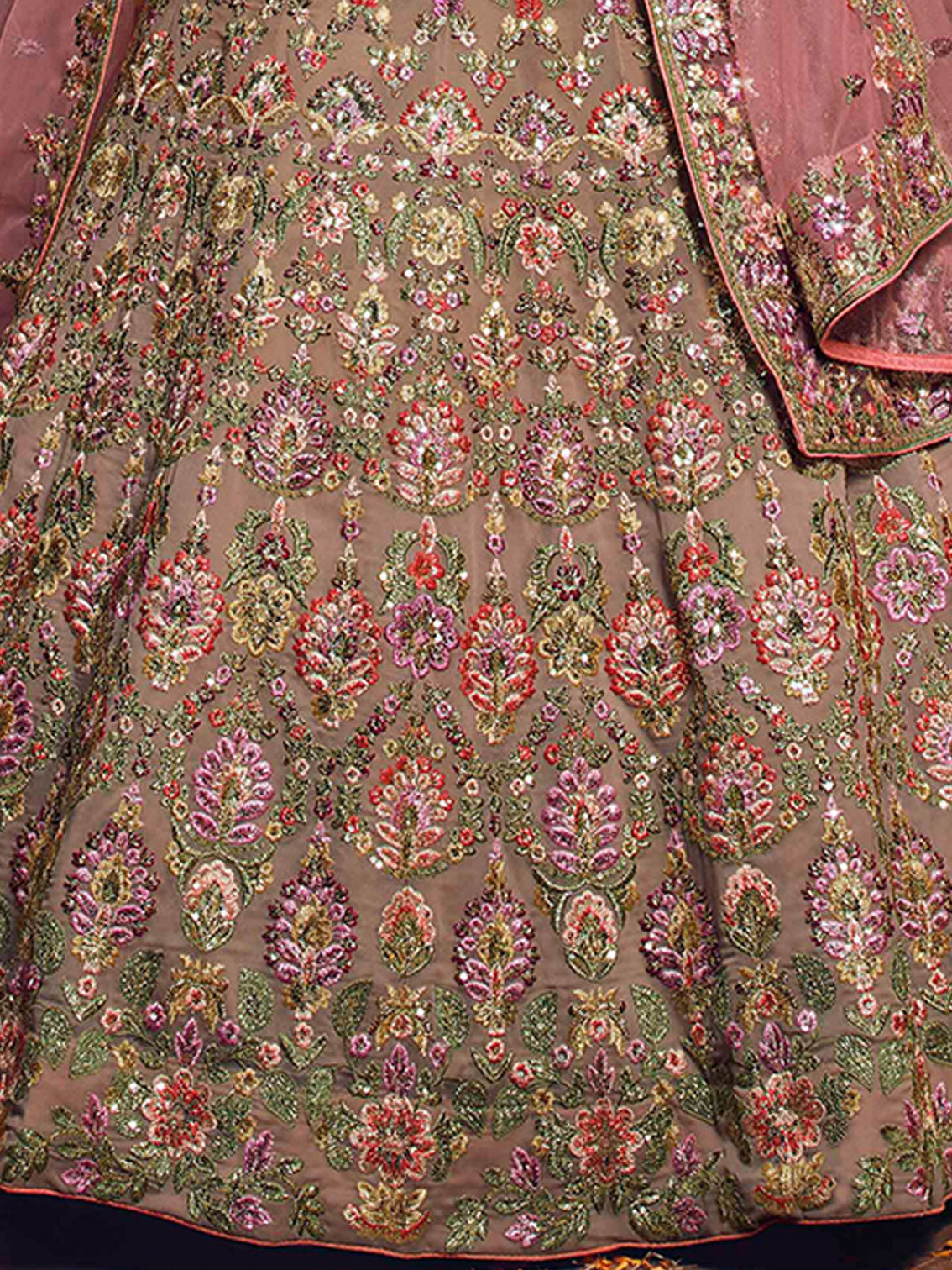 Beige Embroidered Georgette Semi Stitched Lehenga With Unstitched Blouse