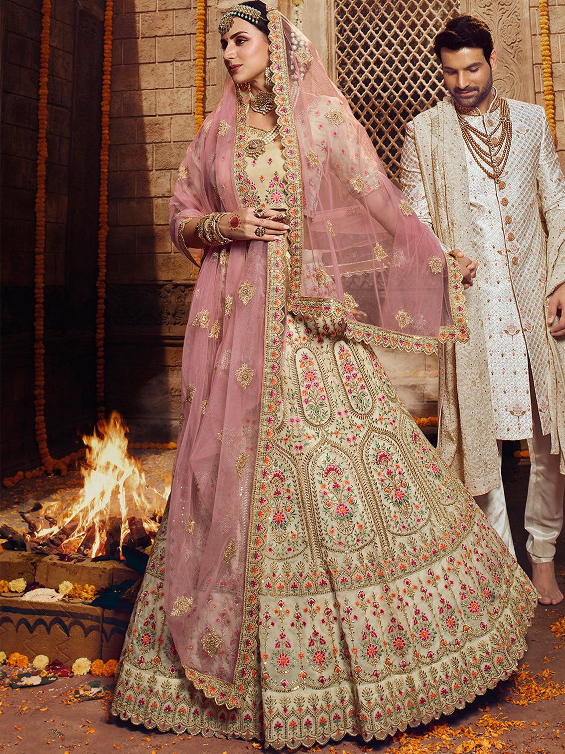 White Embroidered Organza Semi Stitched Lehenga With Unstitched Blouse