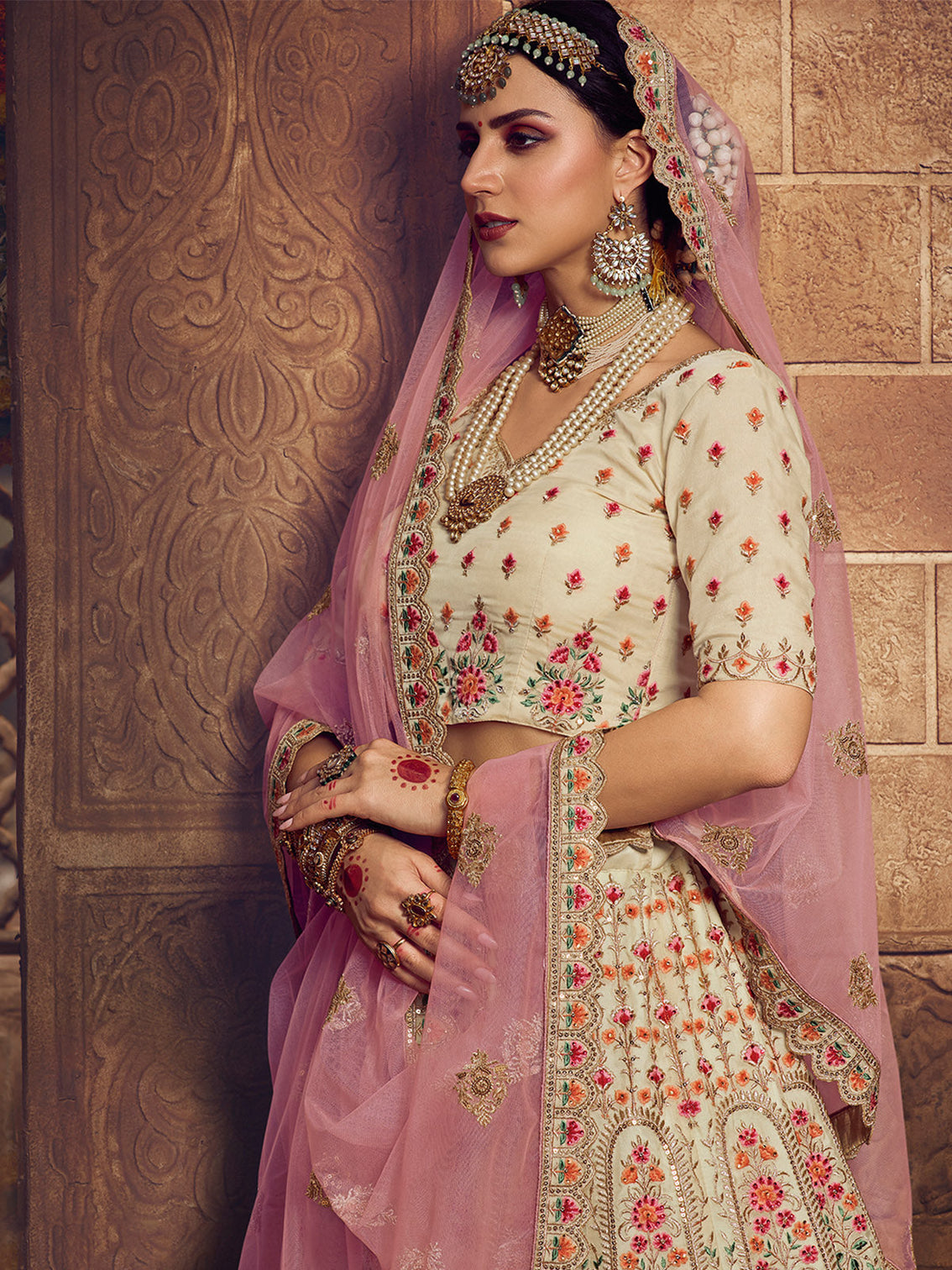 White Embroidered Organza Semi Stitched Lehenga With Unstitched Blouse