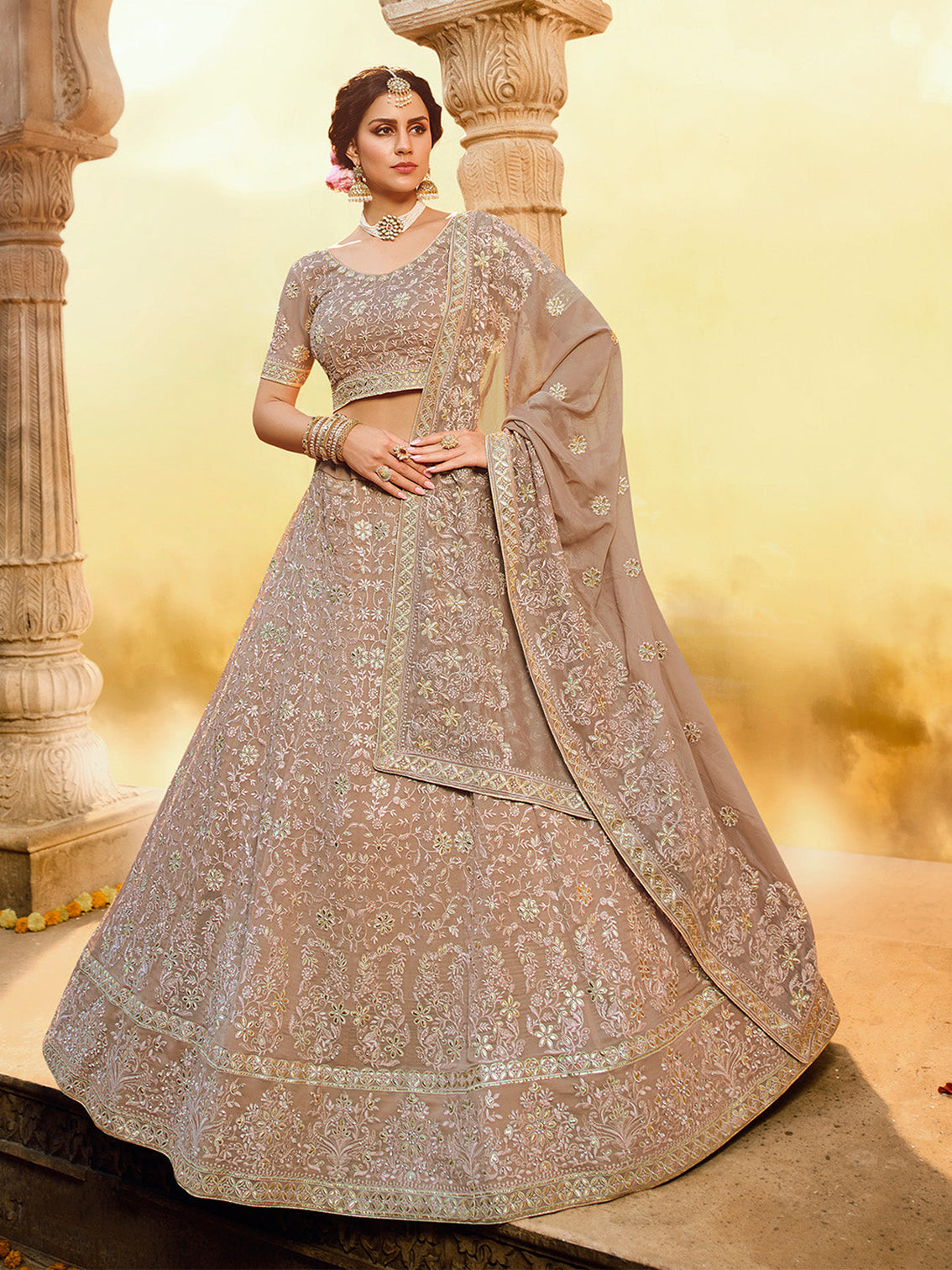 Light Brown Gota,Thread,Zarkan Semi Stitched Lehenga With Unstitched Blouse