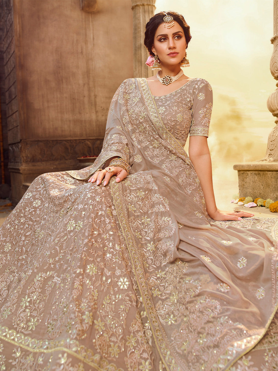 Light Brown Gota,Thread,Zarkan Semi Stitched Lehenga With Unstitched Blouse