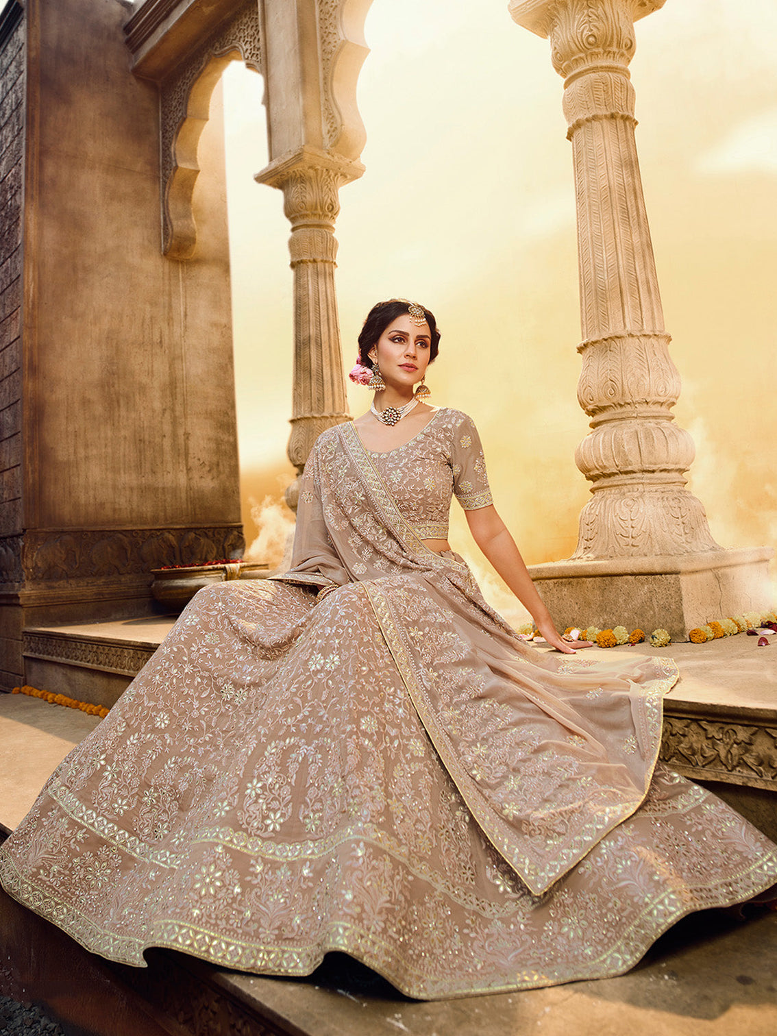 Light Brown Gota,Thread,Zarkan Semi Stitched Lehenga With Unstitched Blouse