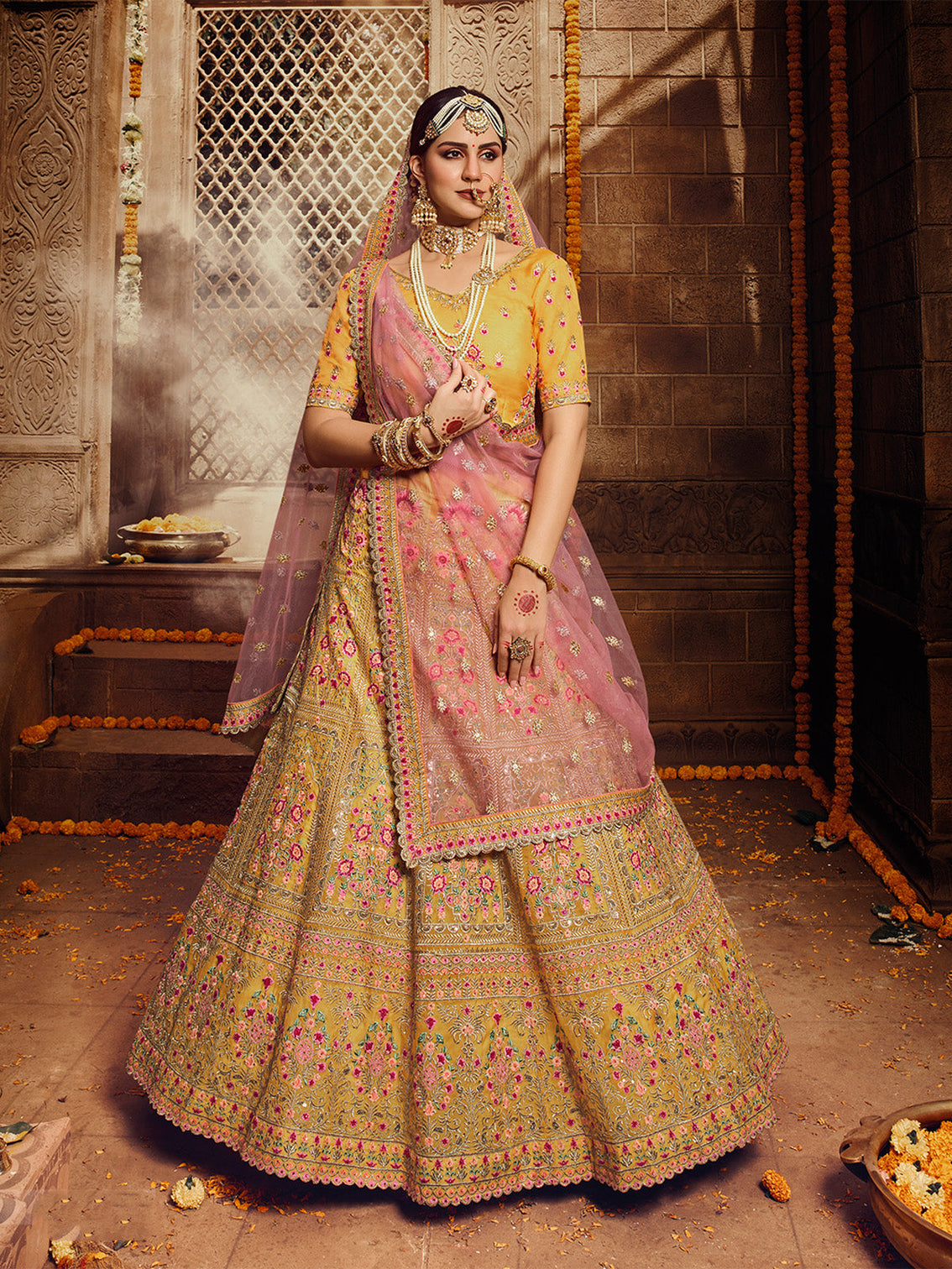 Yellow Embroidered Organza Semi Stitched Lehenga With Unstitched Blouse