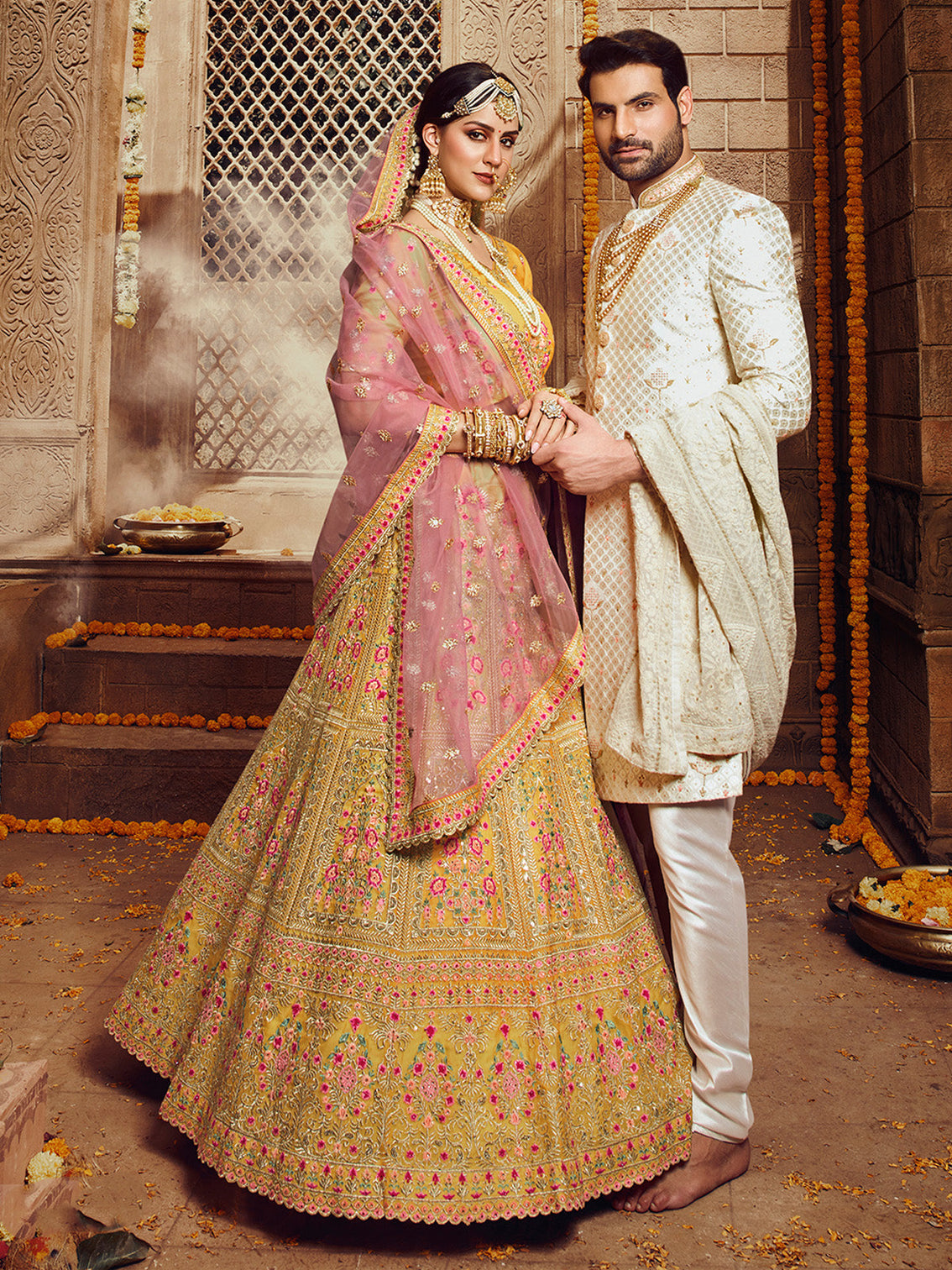 Yellow Embroidered Organza Semi Stitched Lehenga With Unstitched Blouse