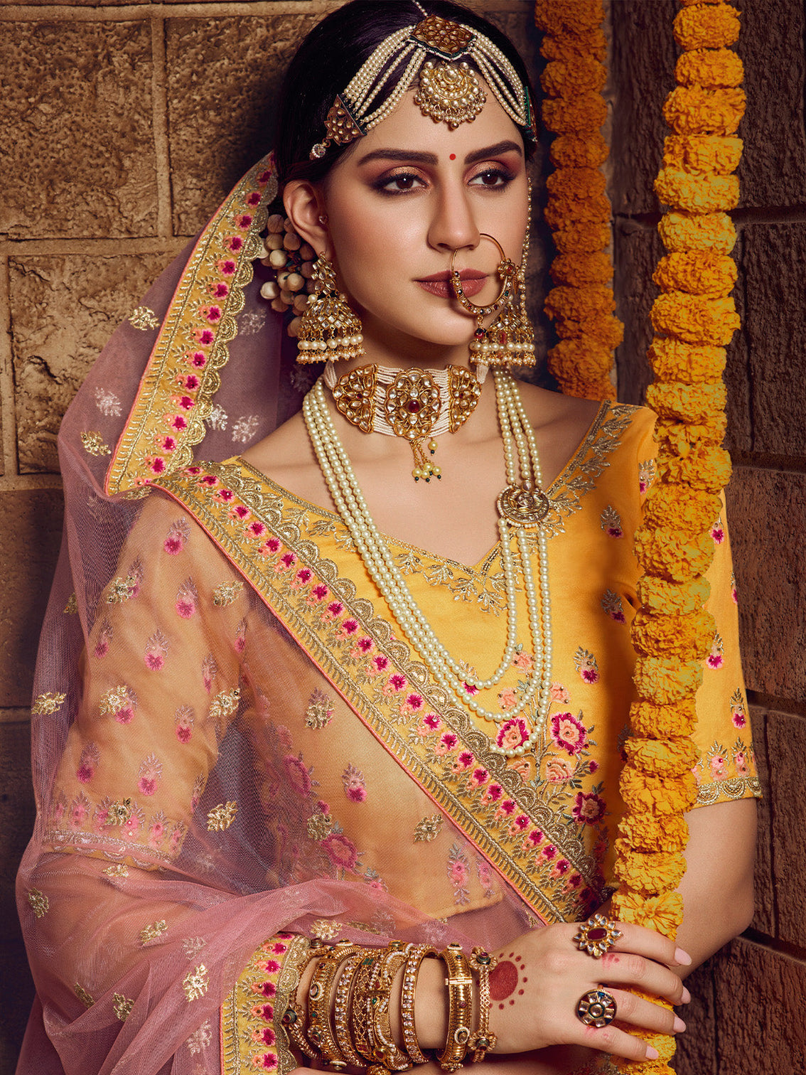 Yellow Embroidered Organza Semi Stitched Lehenga With Unstitched Blouse