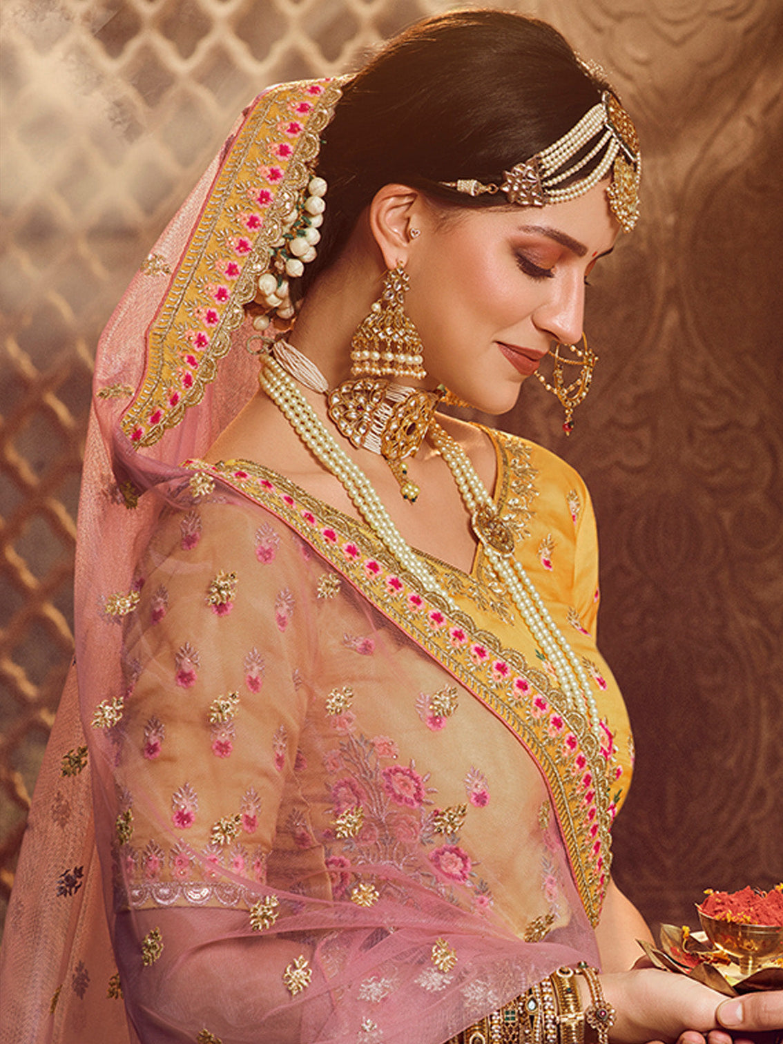 Yellow Embroidered Organza Semi Stitched Lehenga With Unstitched Blouse