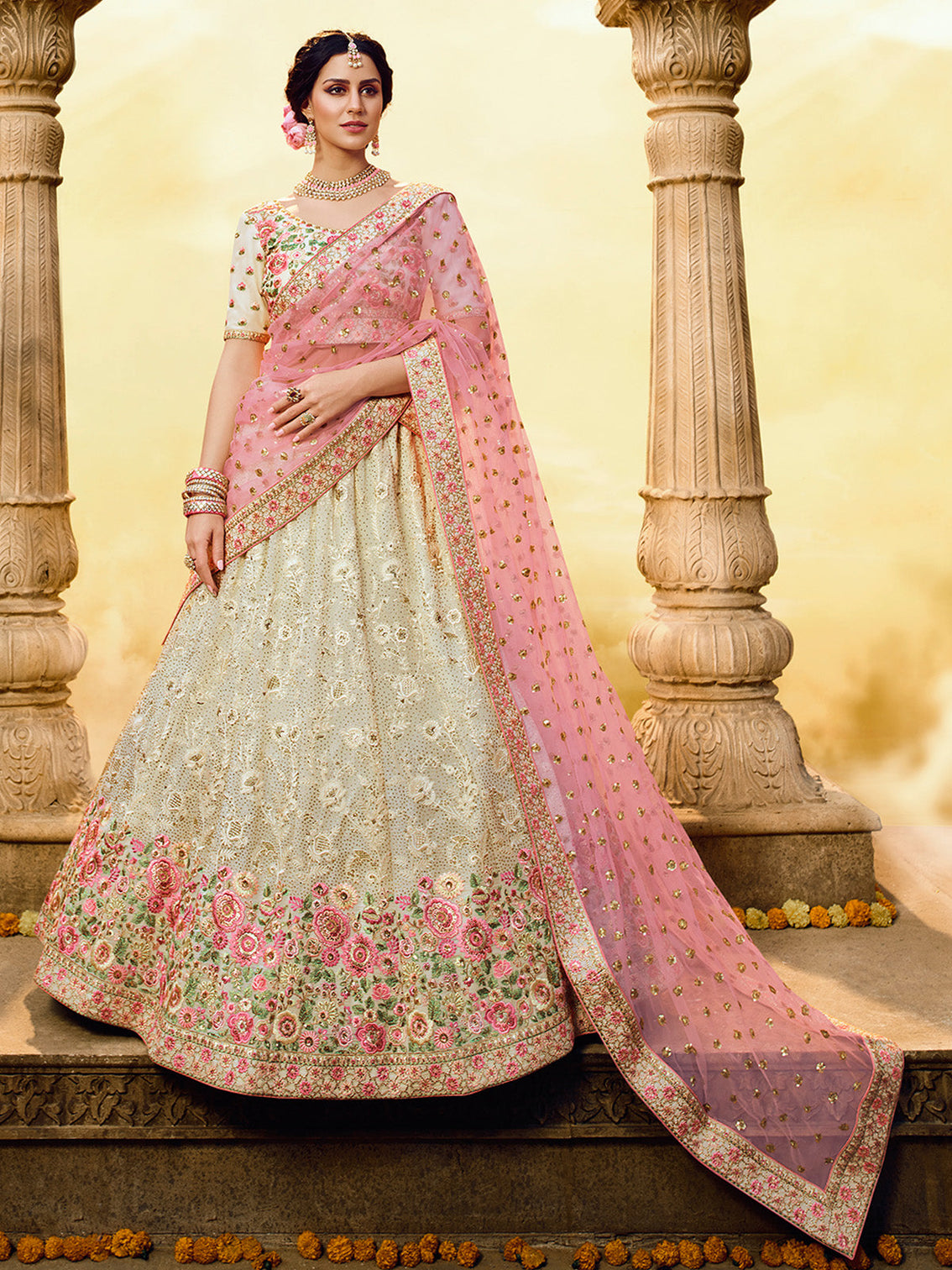 White Embroidered Georgette Semi Stitched Lehenga With Unstitched Blouse
