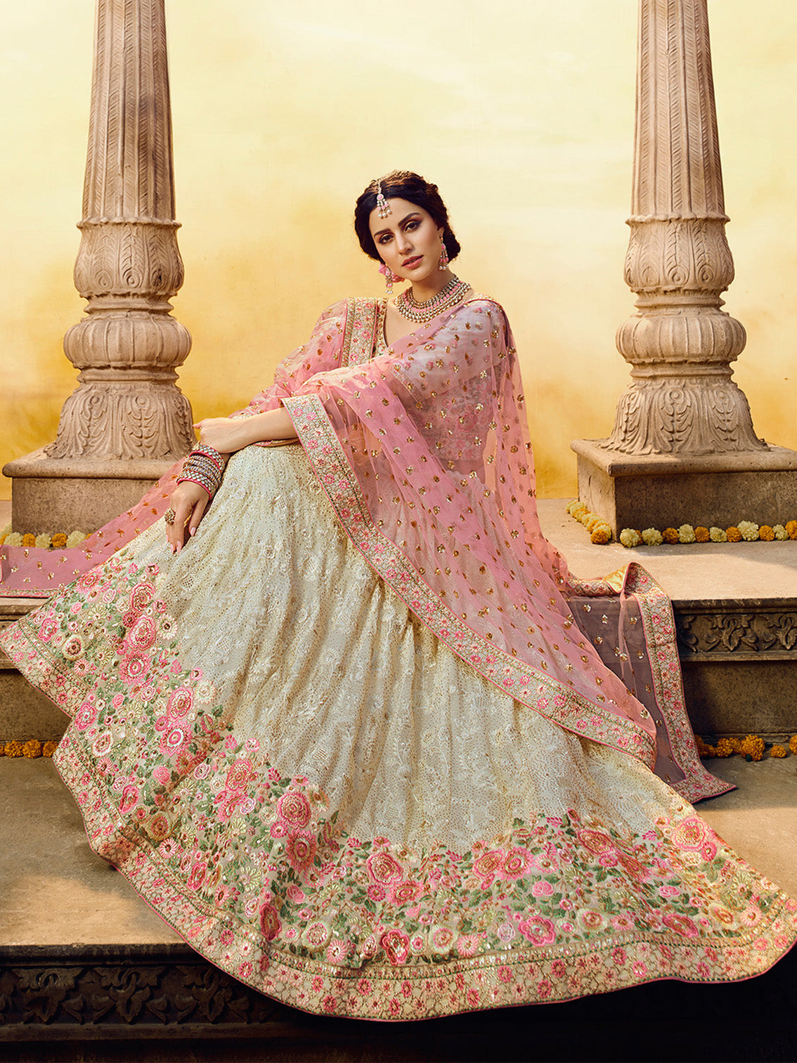 White Embroidered Georgette Semi Stitched Lehenga With Unstitched Blouse