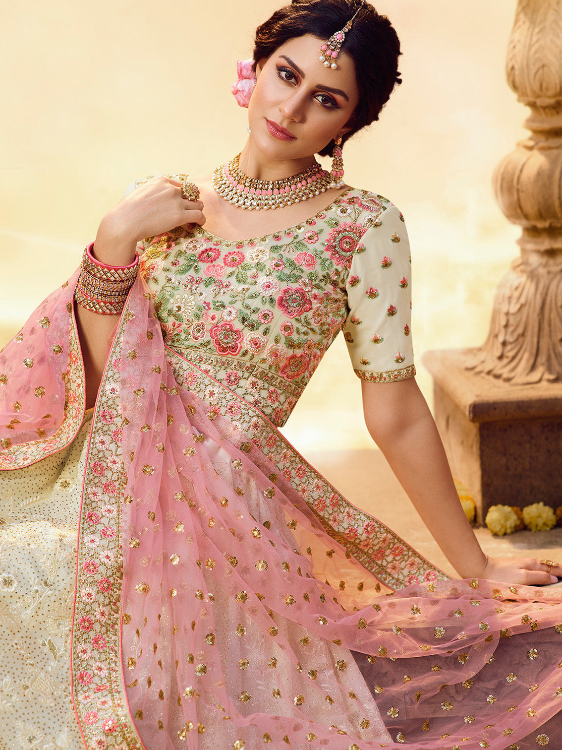 White Embroidered Georgette Semi Stitched Lehenga With Unstitched Blouse