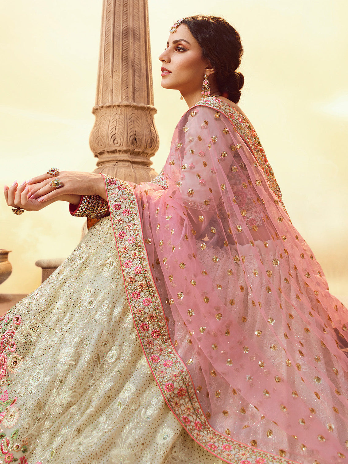 White Embroidered Georgette Semi Stitched Lehenga With Unstitched Blouse
