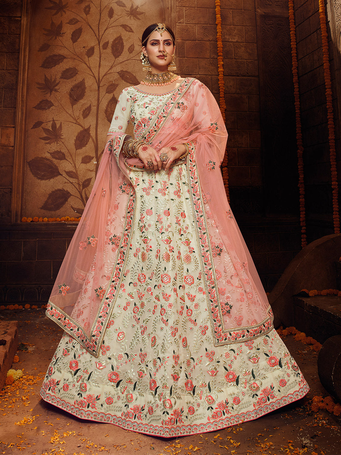 Apricot Embroidered Georgette Semi Stitched Lehenga With Unstitched Blouse