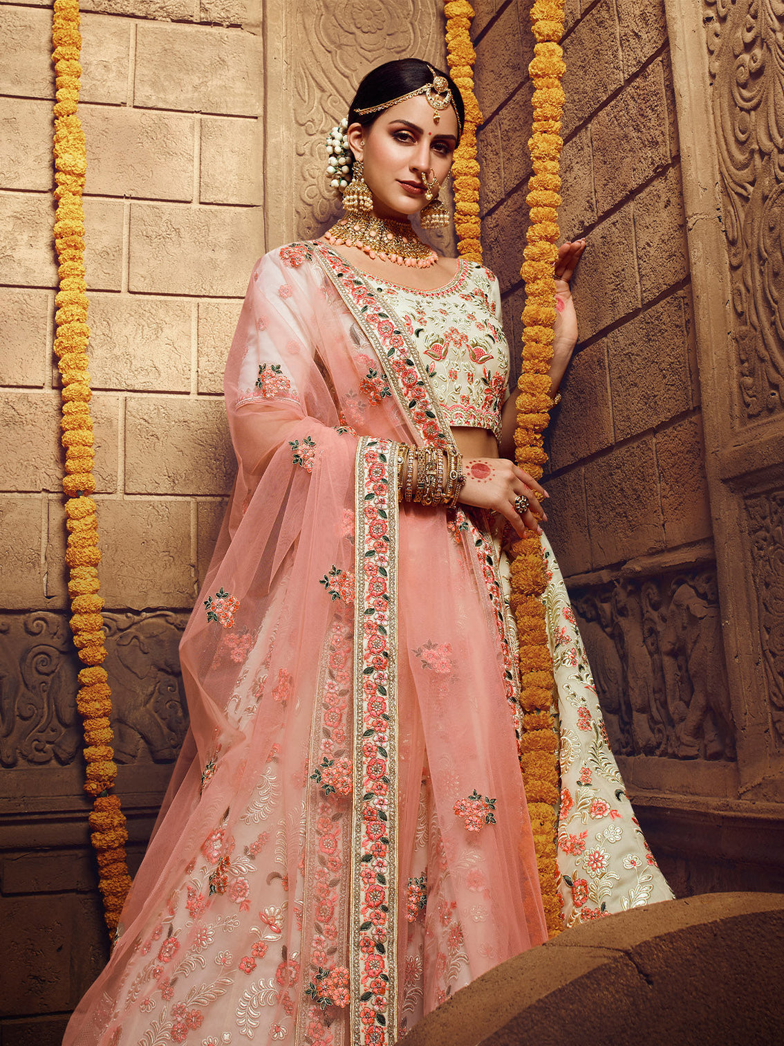 Apricot Embroidered Georgette Semi Stitched Lehenga With Unstitched Blouse