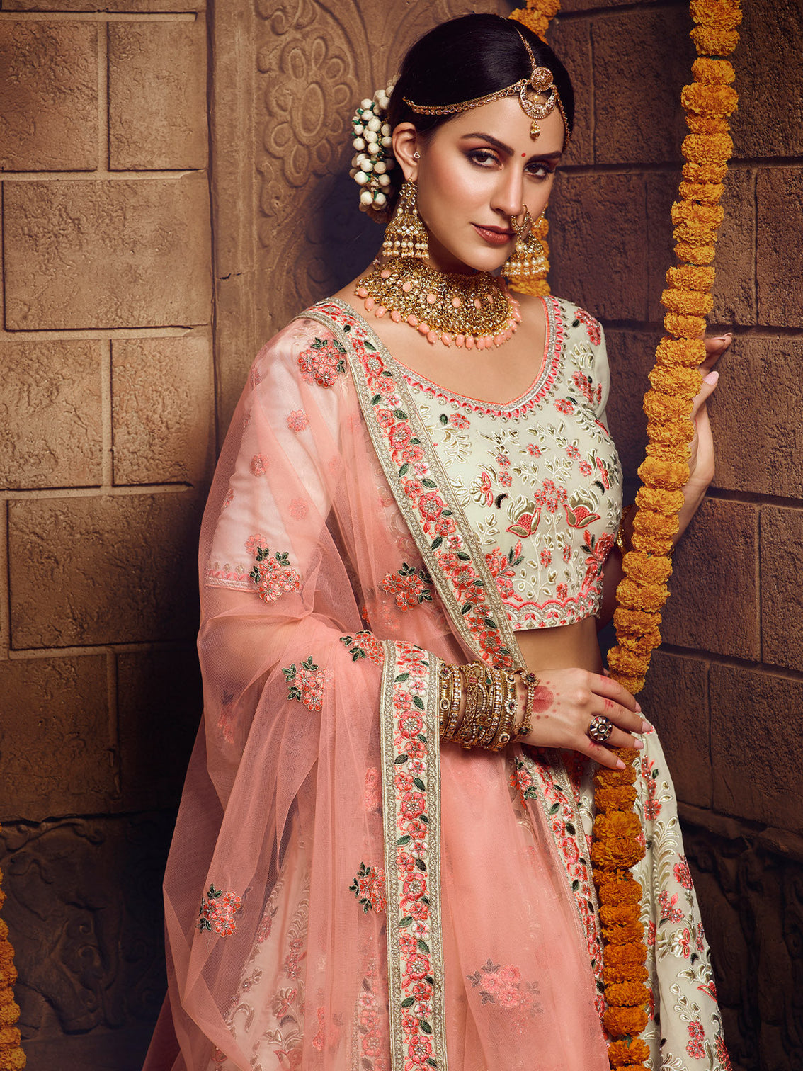 Apricot Embroidered Georgette Semi Stitched Lehenga With Unstitched Blouse