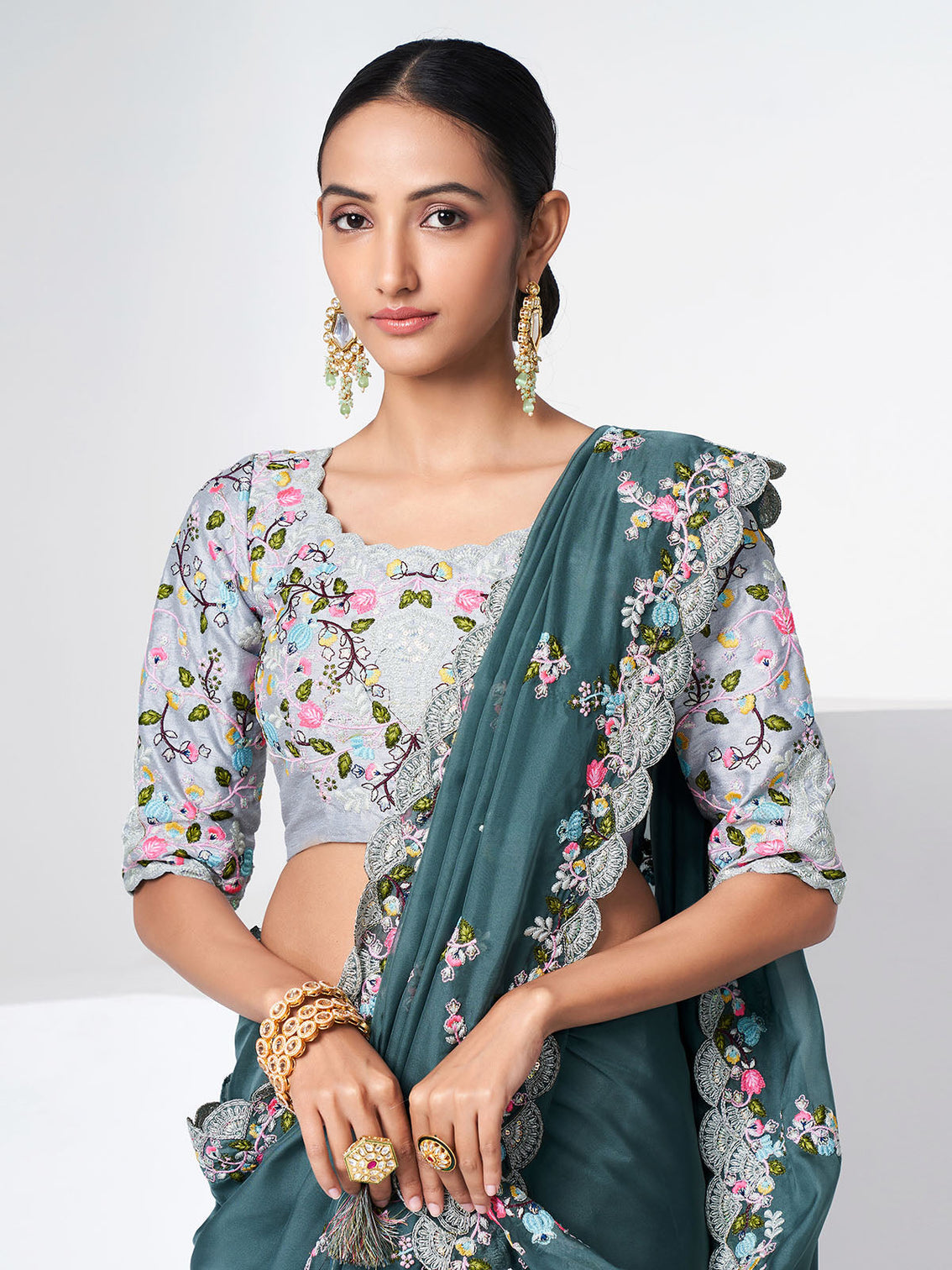 Blue Organza Saree With Unstitched Blouse