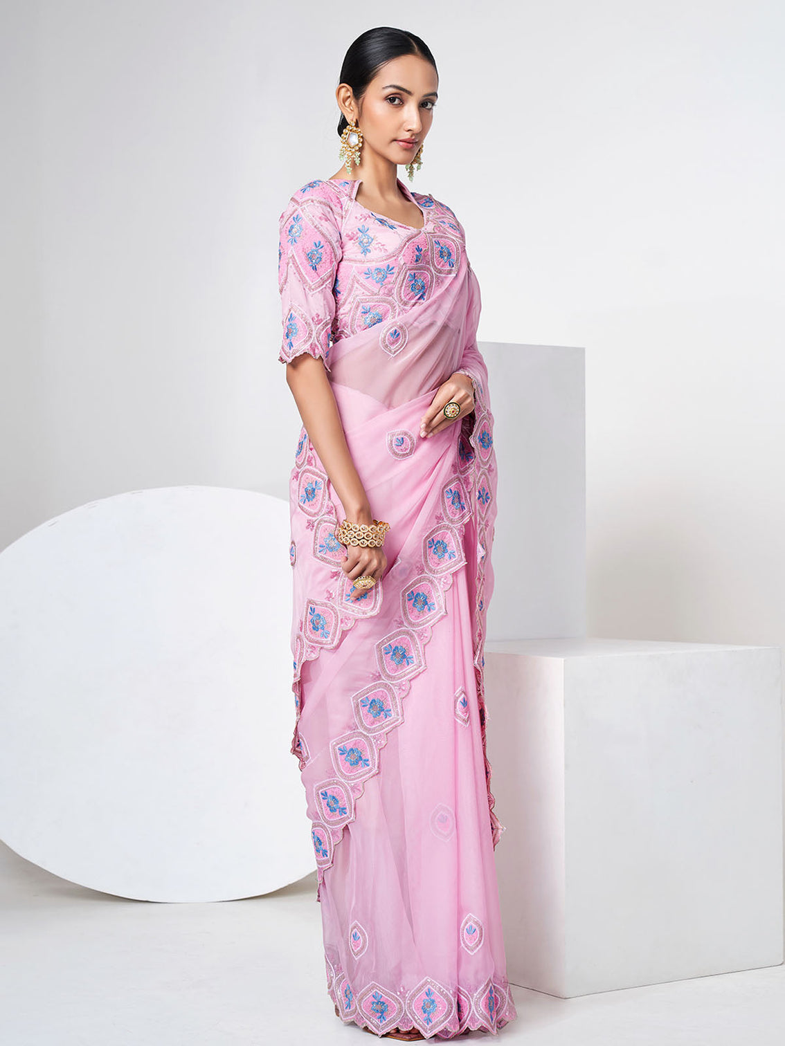 Pink Organza Saree With Unstitched Blouse