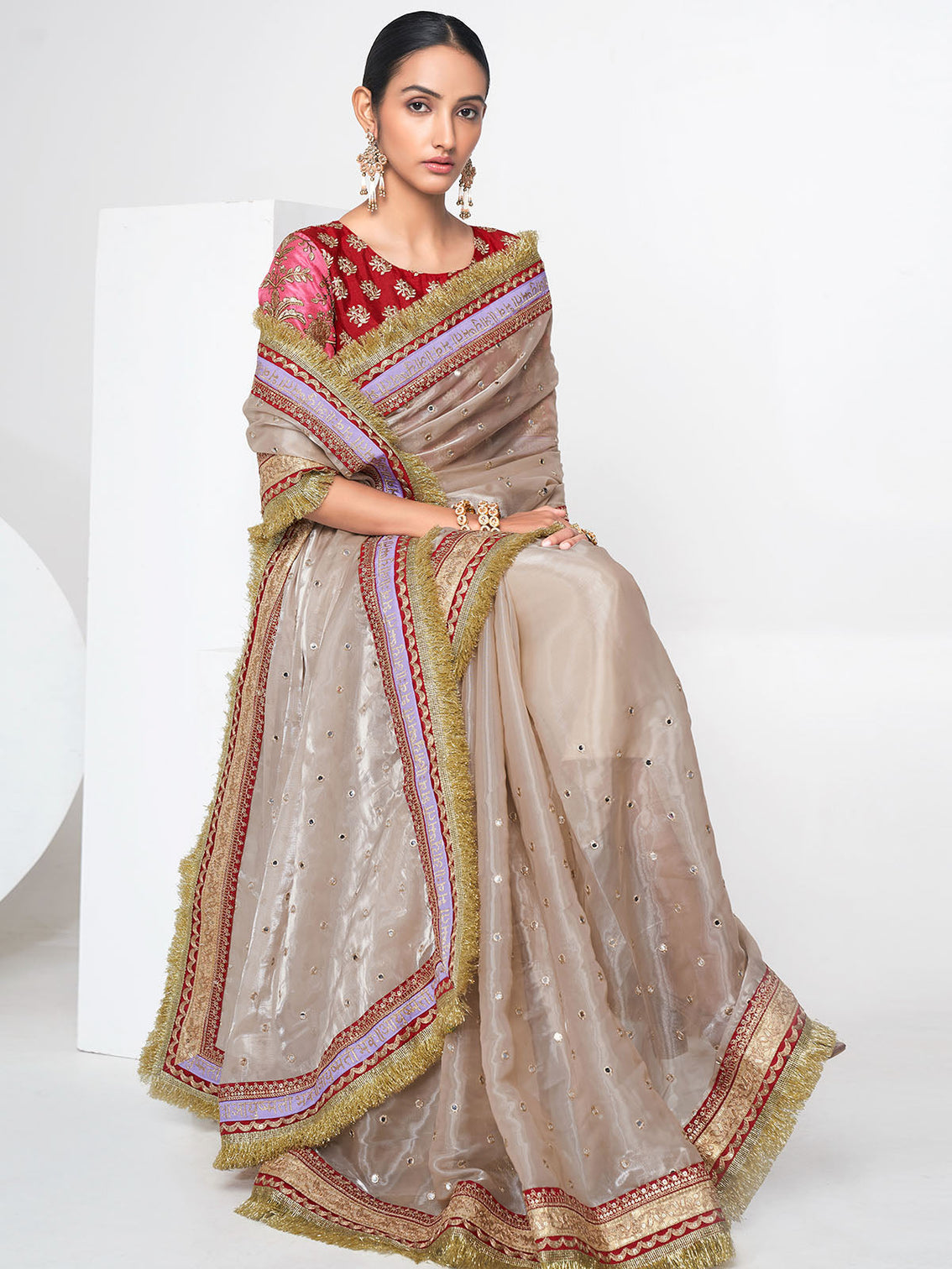 Beige Organza Saree With Unstitched Blouse