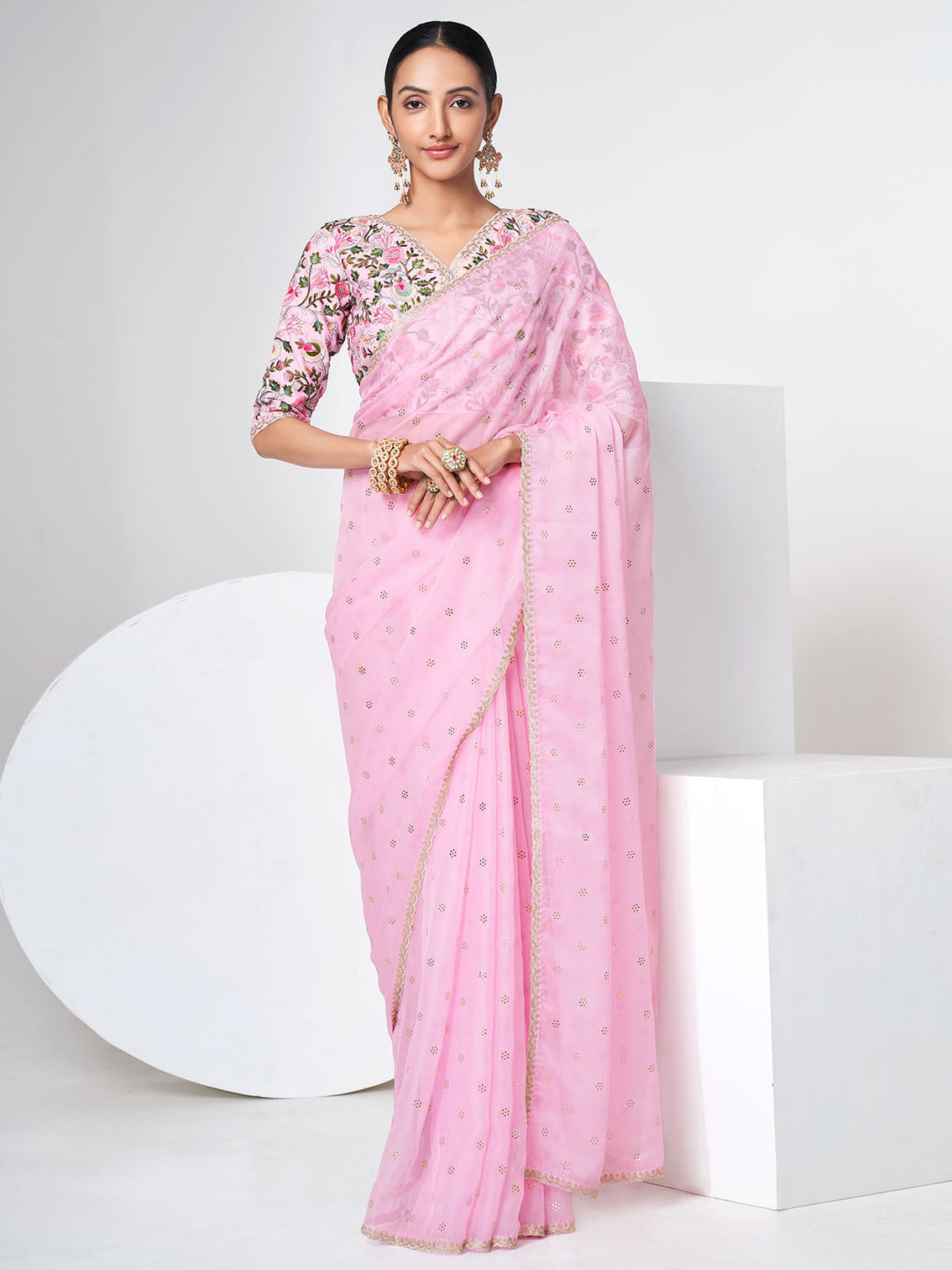Pink Organza Saree With Unstitched Blouse