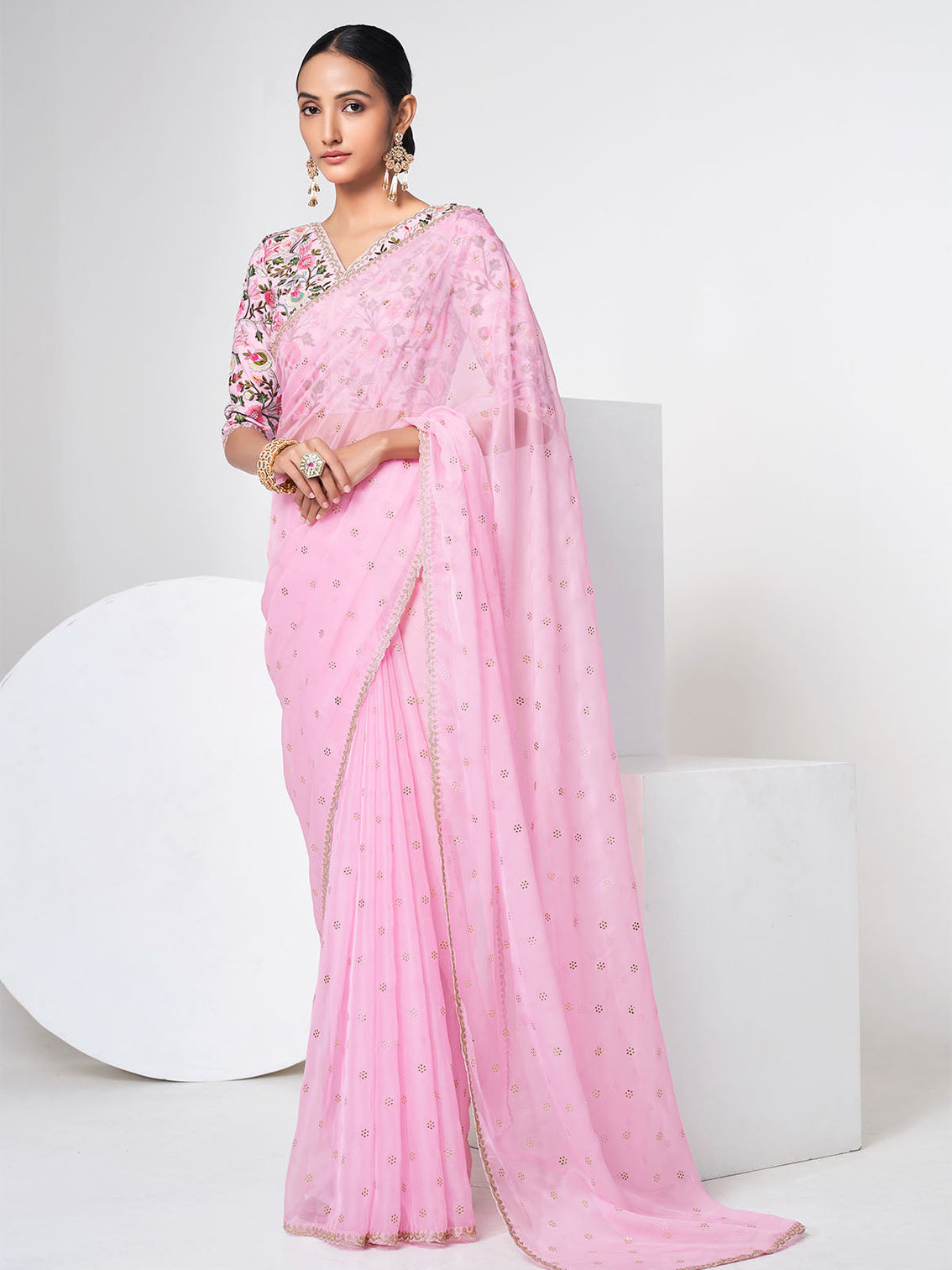 Pink Organza Saree With Unstitched Blouse