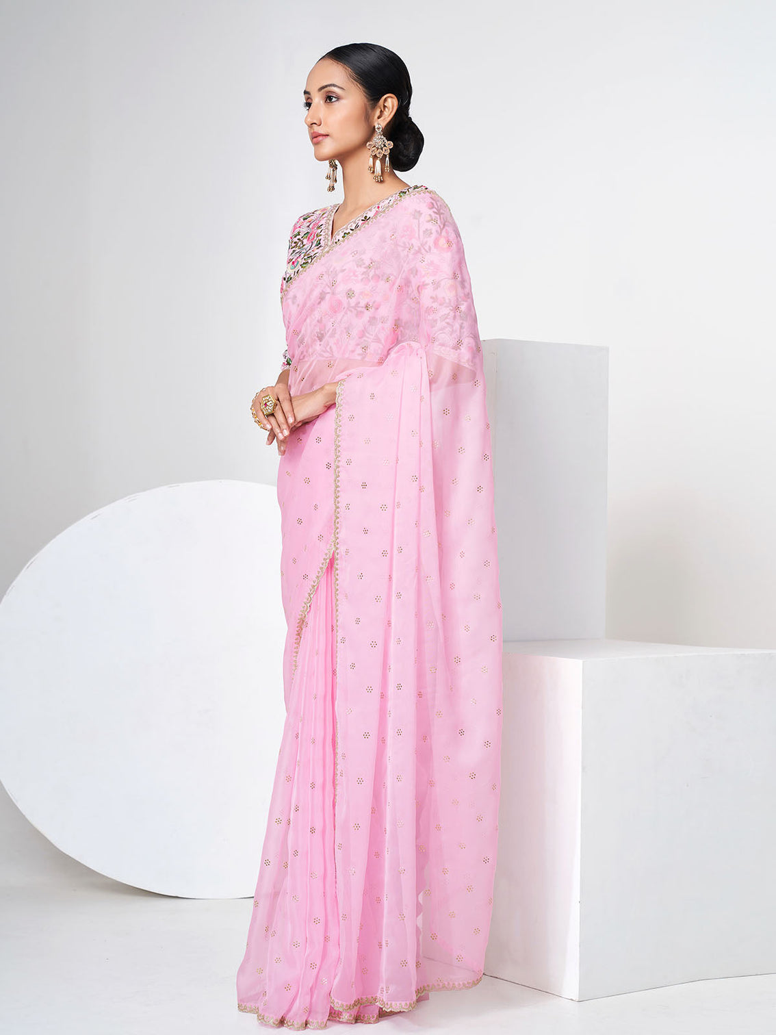 Pink Organza Saree With Unstitched Blouse
