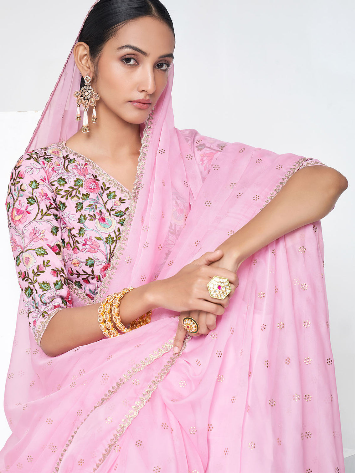 Pink Organza Saree With Unstitched Blouse