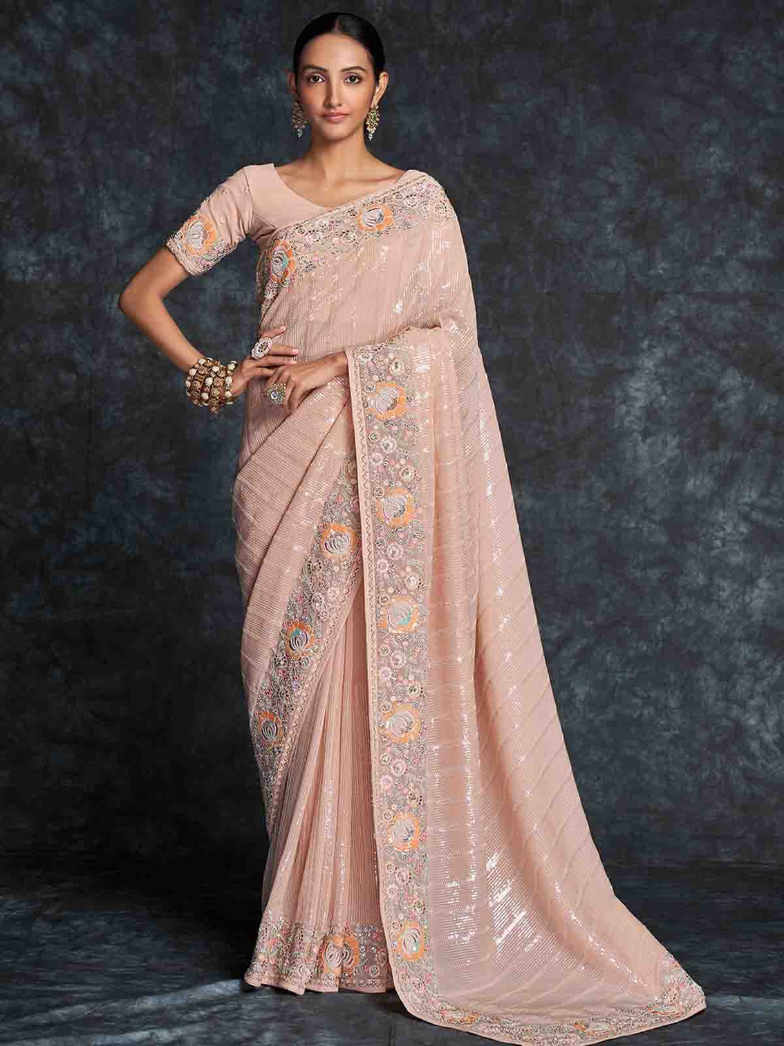 Peach Georgette Embroidered Saree With Unstitched Blouse