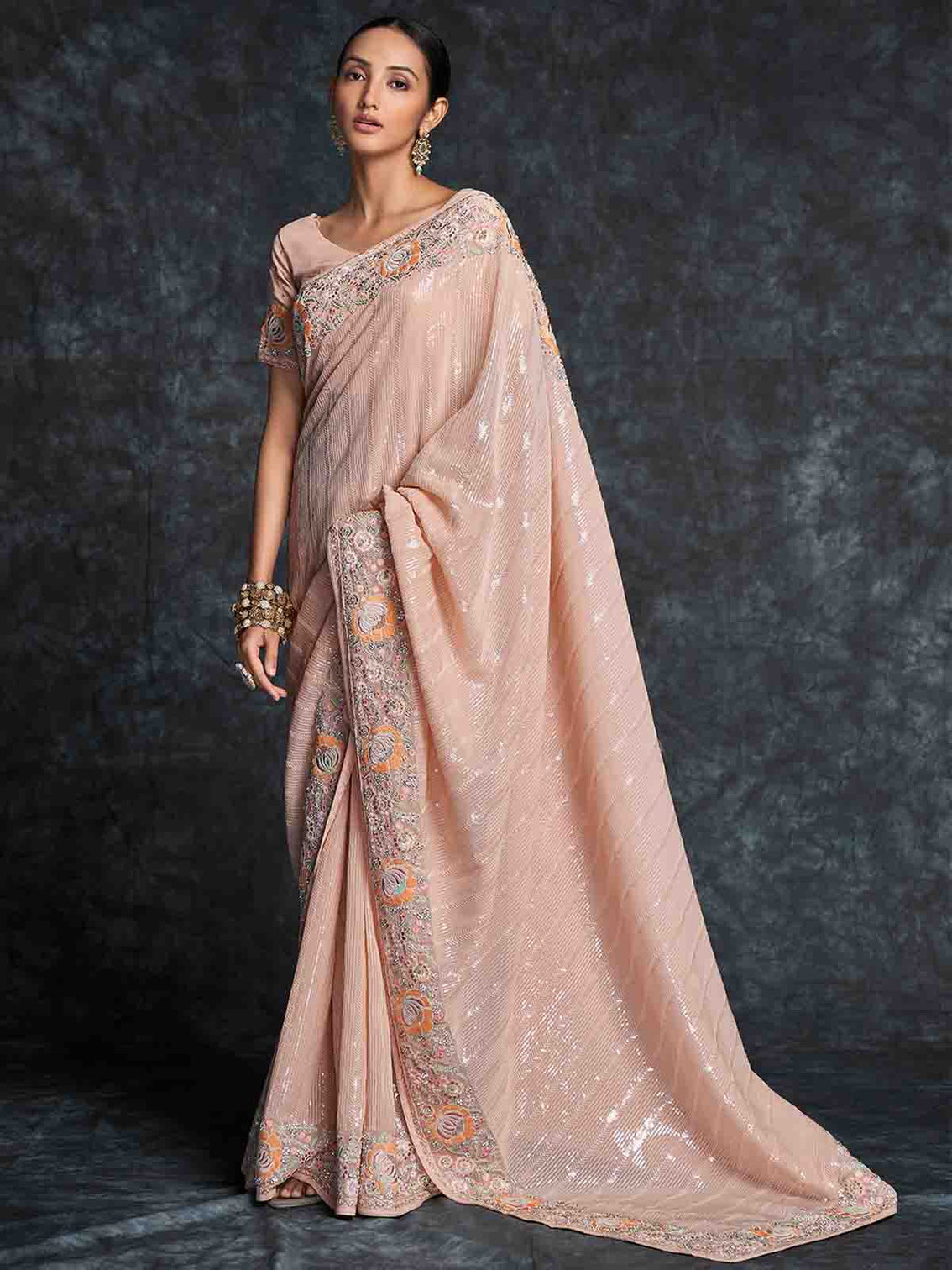 Peach Georgette Embroidered Saree With Unstitched Blouse