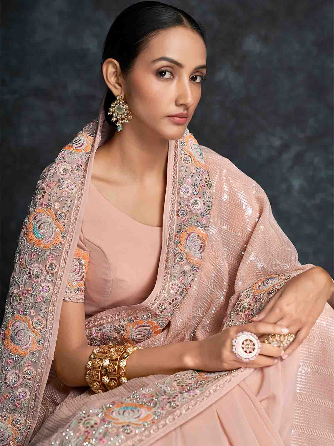 Peach Georgette Embroidered Saree With Unstitched Blouse