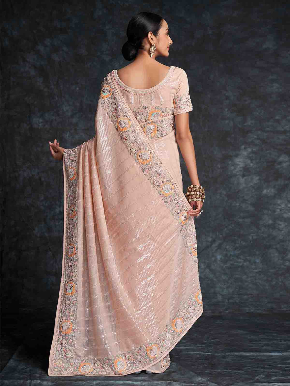 Peach Georgette Embroidered Saree With Unstitched Blouse