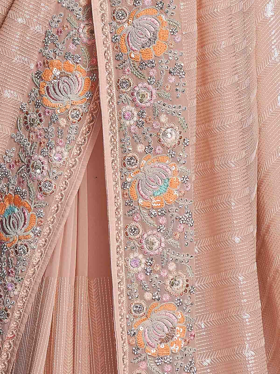 Peach Georgette Embroidered Saree With Unstitched Blouse