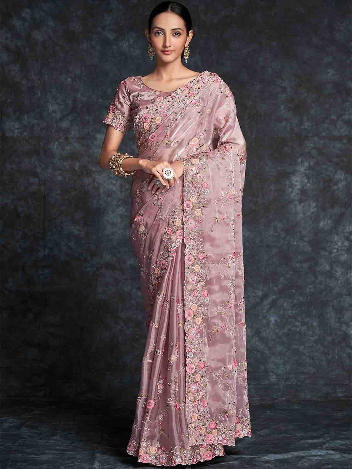 Pink Organza Embroidered Saree With Unstitched Blouse