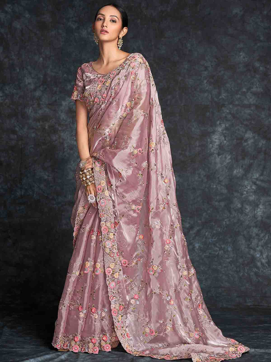 Pink Organza Embroidered Saree With Unstitched Blouse
