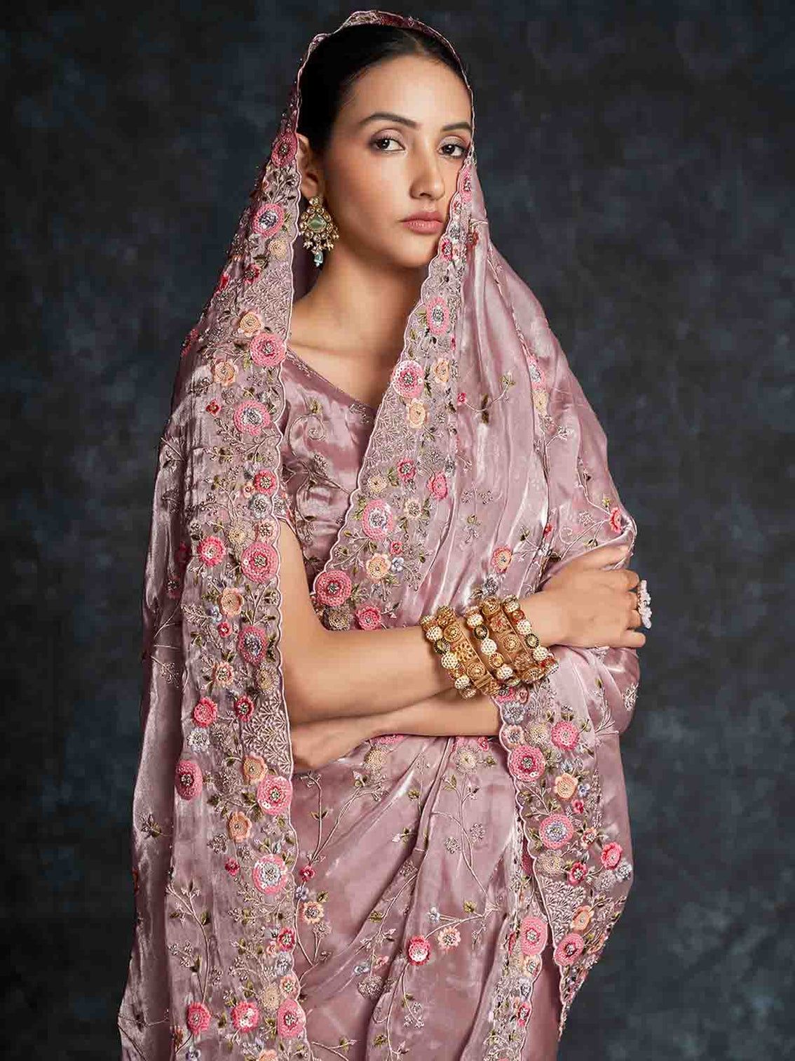 Pink Organza Embroidered Saree With Unstitched Blouse