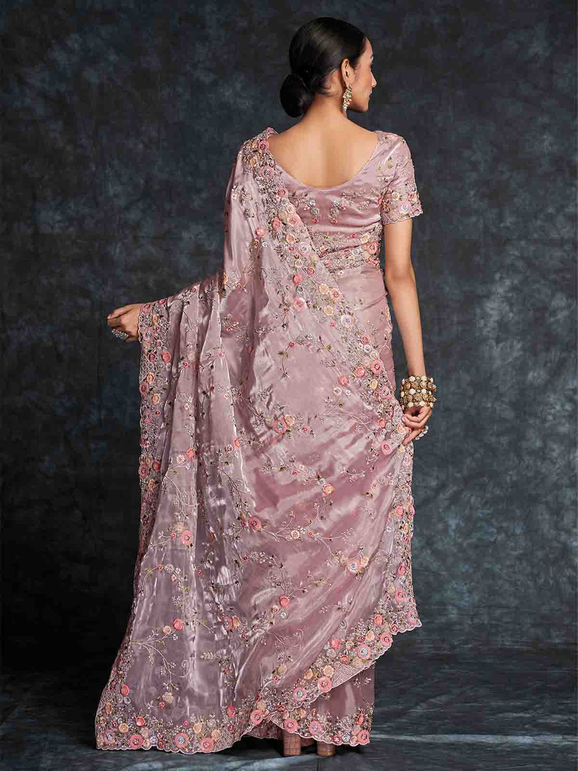 Pink Organza Embroidered Saree With Unstitched Blouse