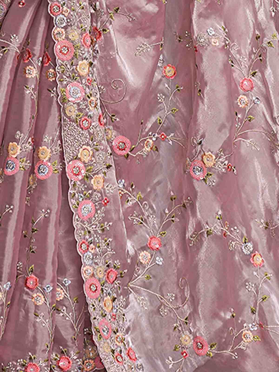 Pink Organza Embroidered Saree With Unstitched Blouse