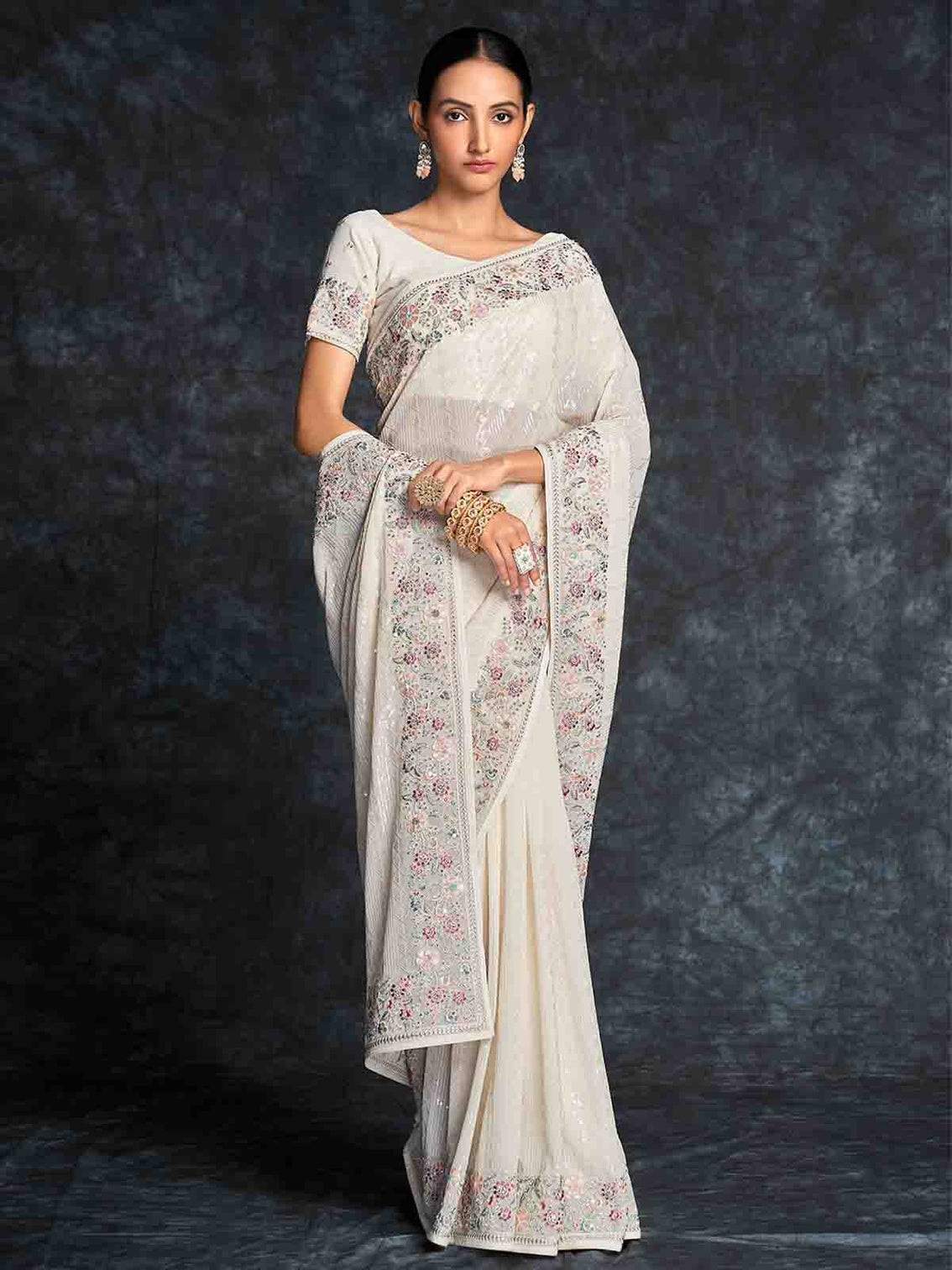 White Georgette Embroidered Saree With Unstitched Blouse