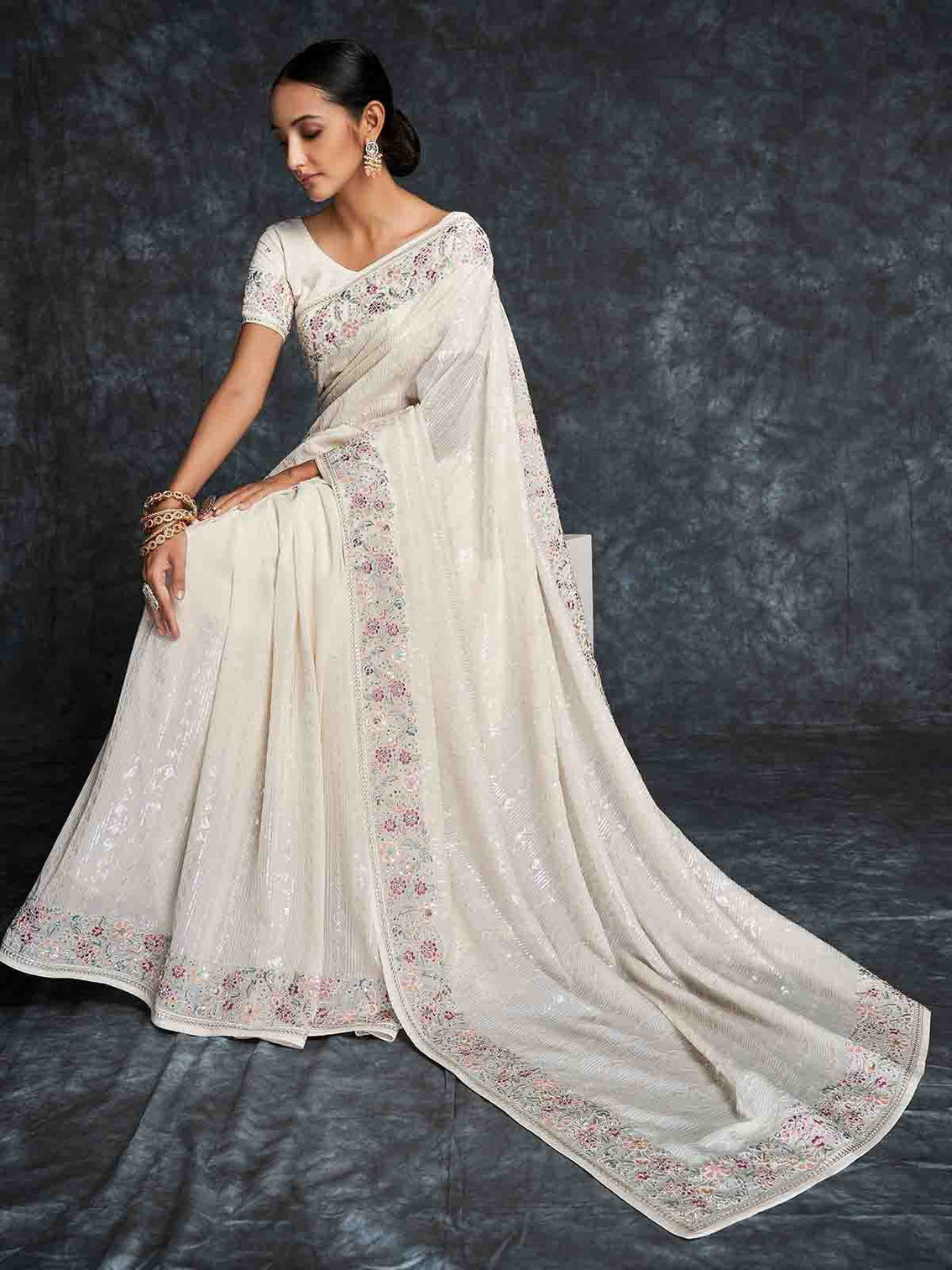 White Georgette Embroidered Saree With Unstitched Blouse