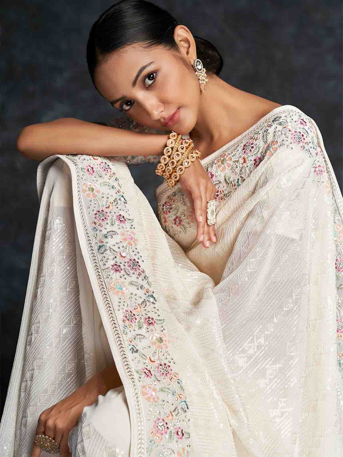 White Georgette Embroidered Saree With Unstitched Blouse