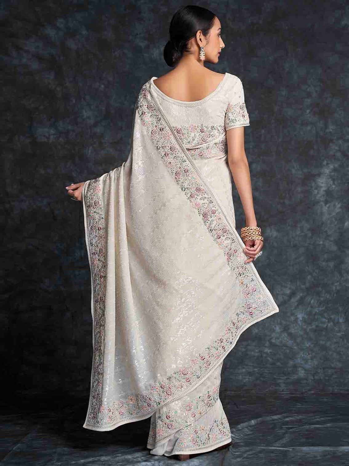 White Georgette Embroidered Saree With Unstitched Blouse