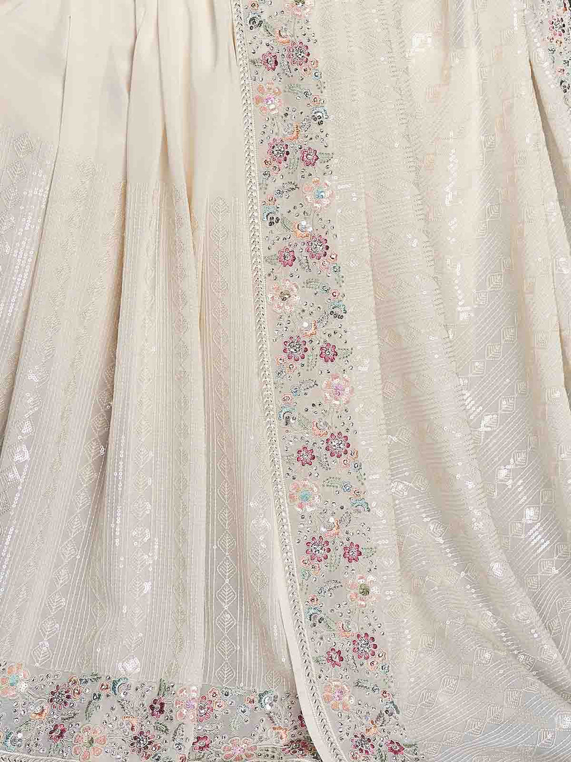 White Georgette Embroidered Saree With Unstitched Blouse