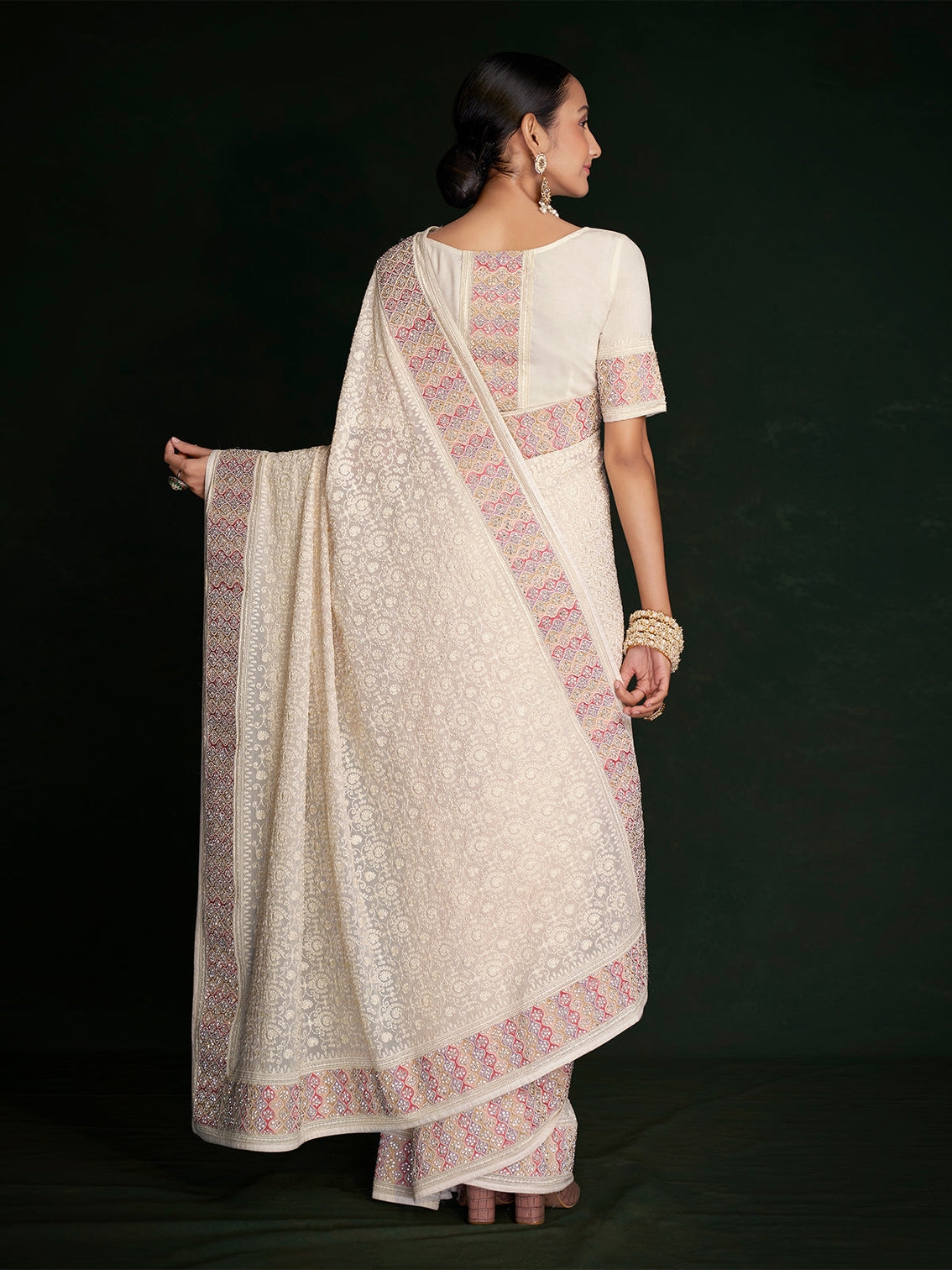 Modern White Georgette Embroidered Saree With Unstitched Blouse