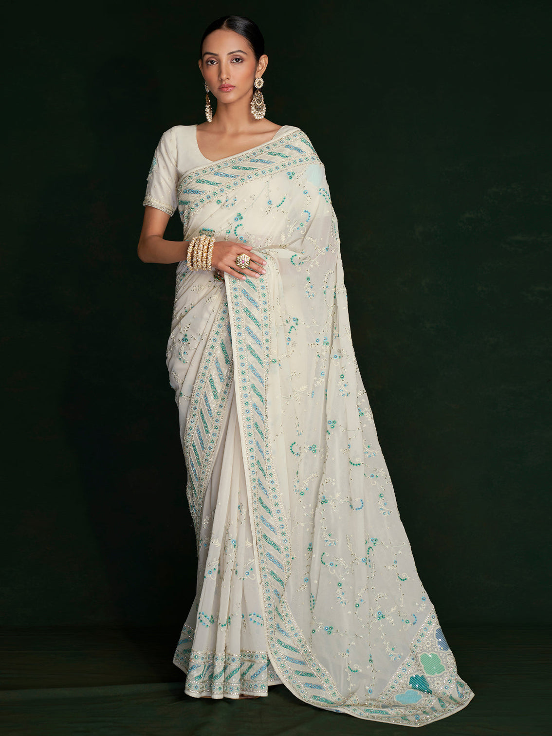 Classic White Georgette Embroidered Saree With Unstitched Blouse