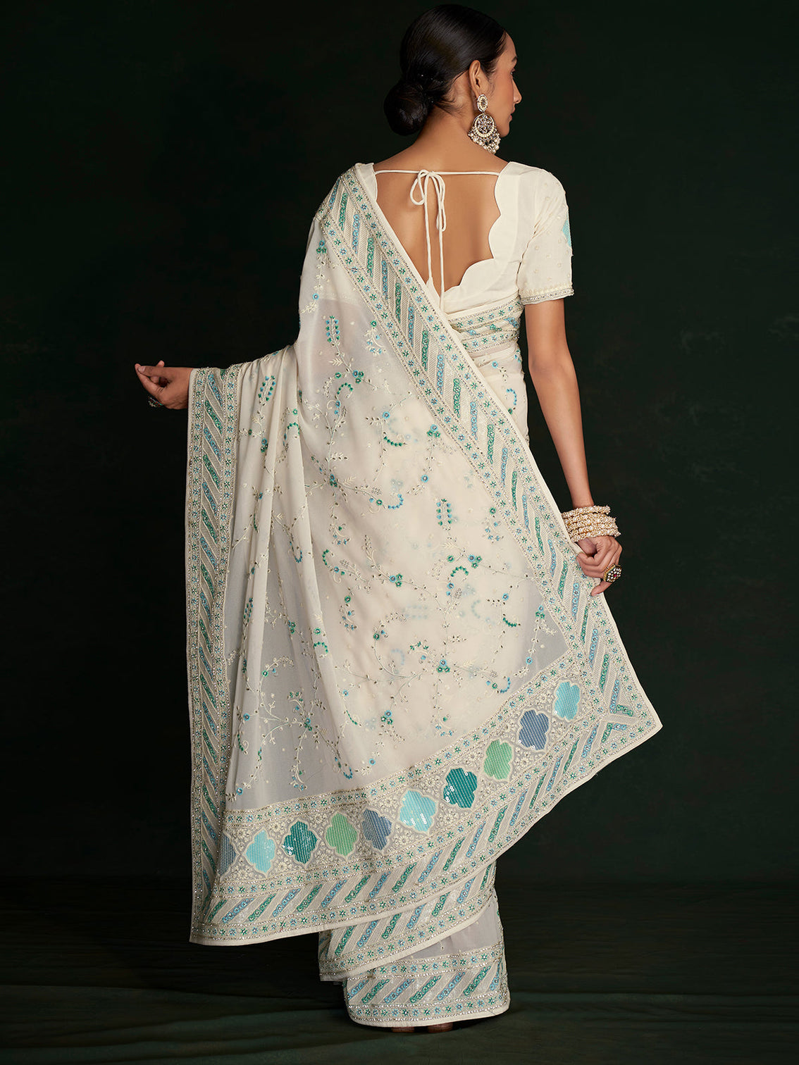 Classic White Georgette Embroidered Saree With Unstitched Blouse