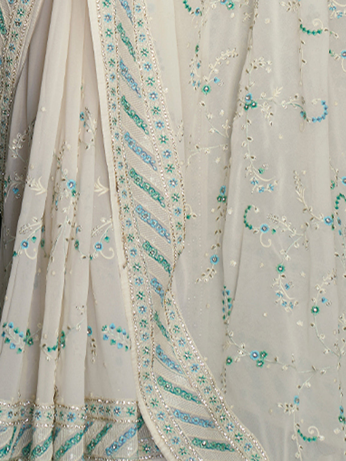 Classic White Georgette Embroidered Saree With Unstitched Blouse